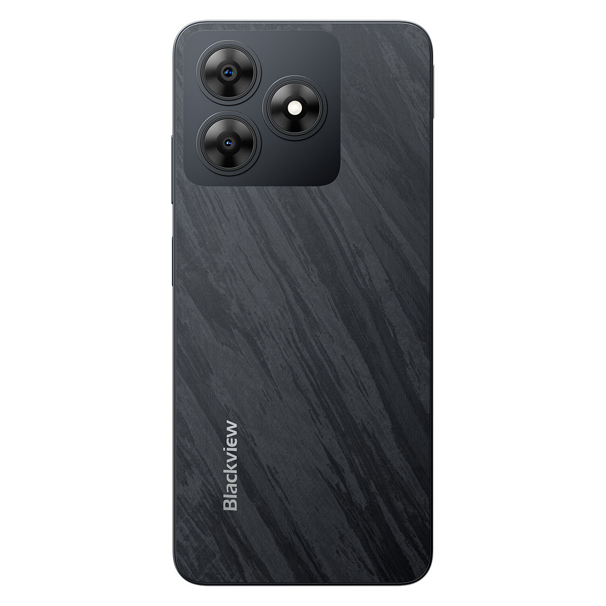 Il retro di uno smartphone nero con tre fotocamere e il logo Blackview. La superficie ha un motivo strutturato.