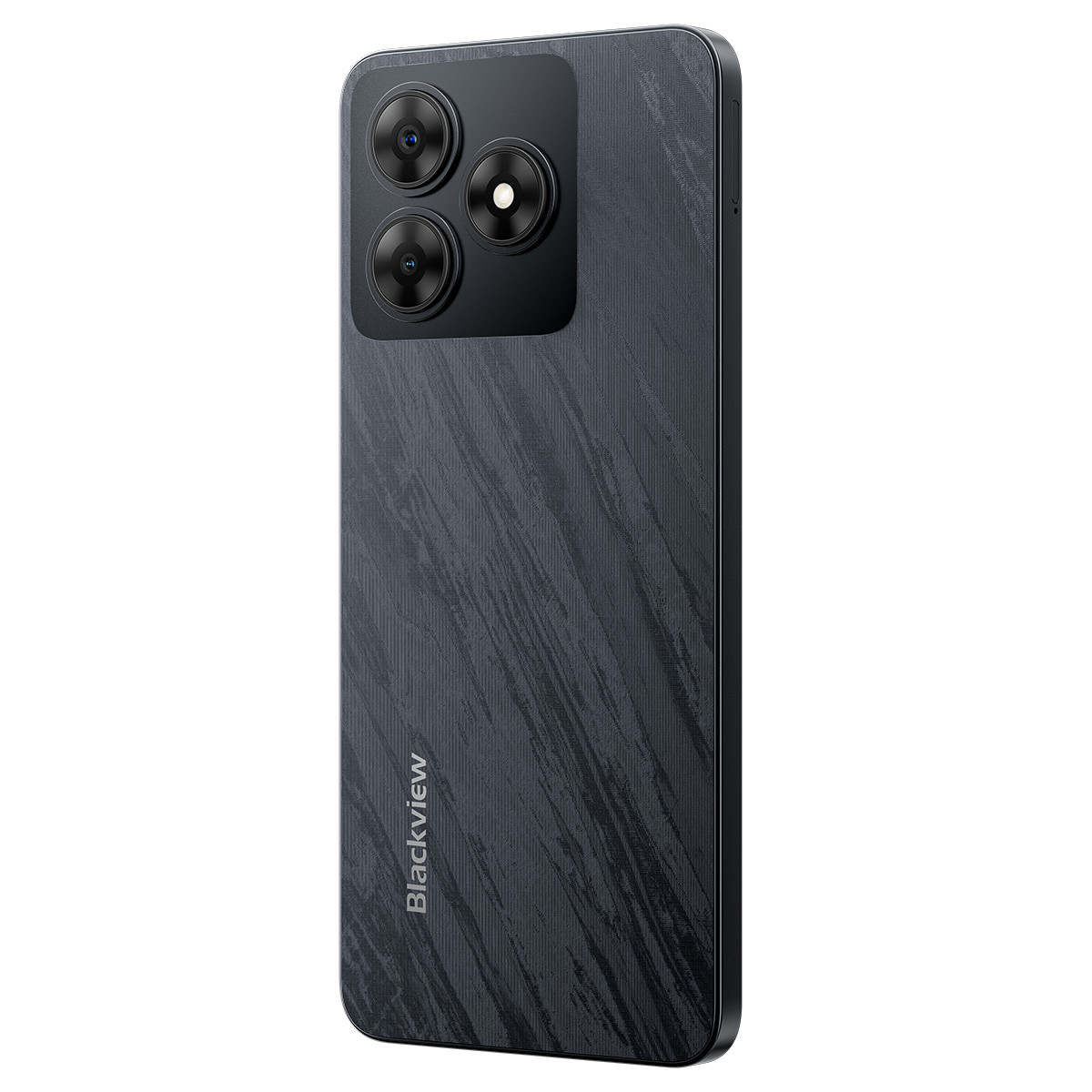 Retro di smartphone nero con tre fotocamere. Il retro ha un motivo strutturato e la scritta 'Blackview'.