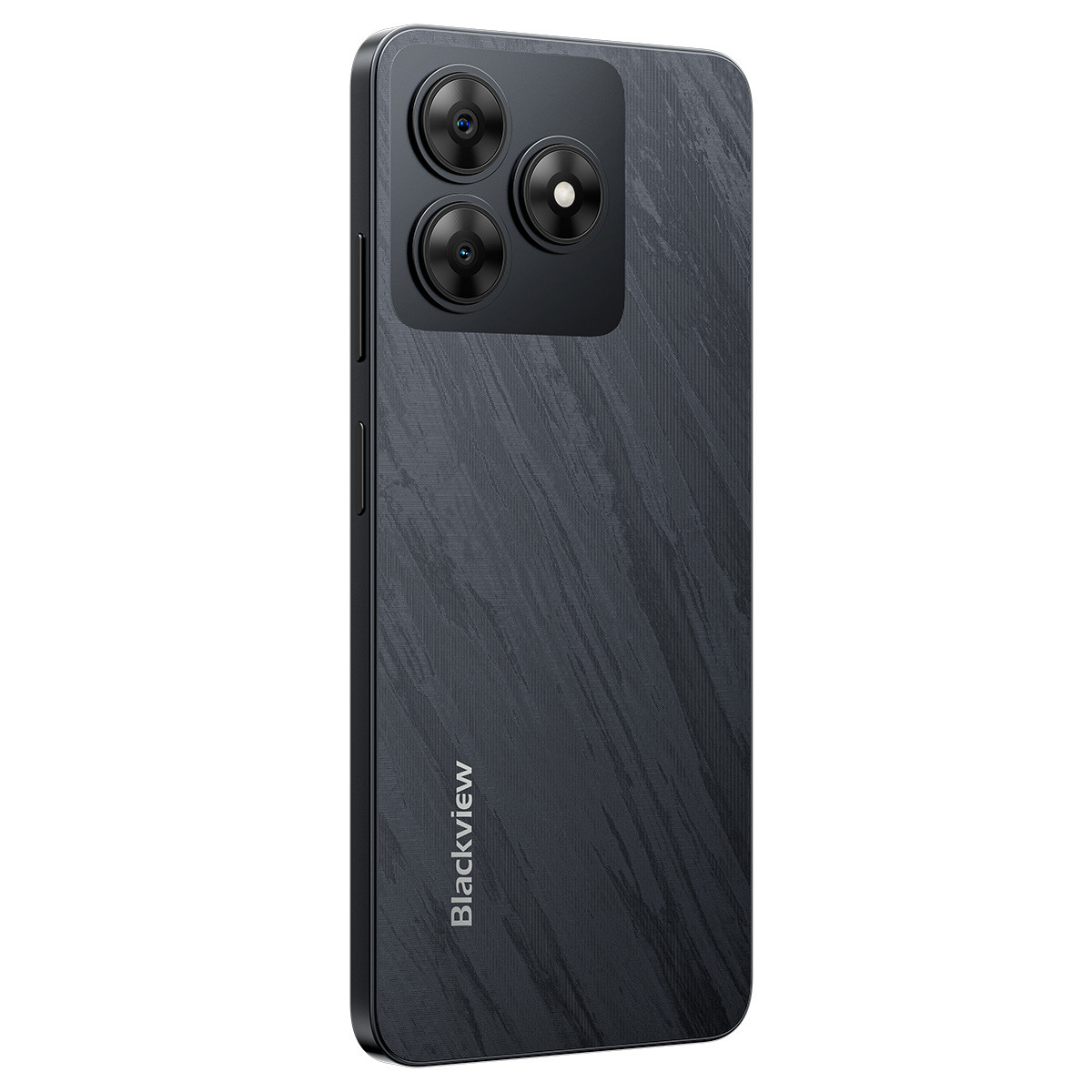 Il retro di uno smartphone nero con tre fotocamere e il logo Blackview. La superficie ha un motivo strutturato.