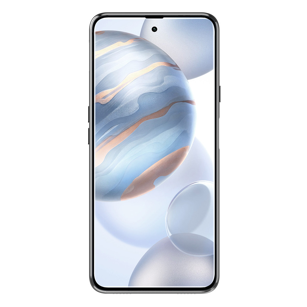 Smartfon z ekranem wyświetlającym sferyczny wzór w kolorach niebieskim, szarym i białym.