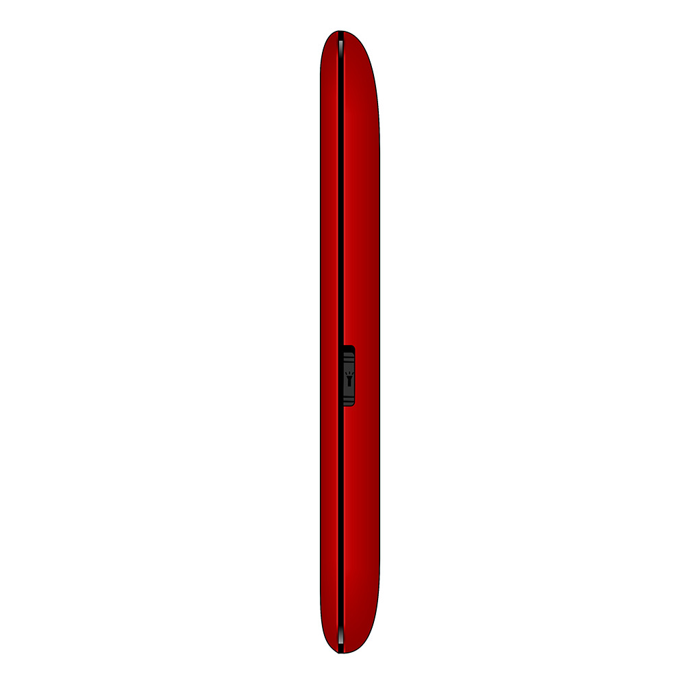 Vista laterale di un telefono rosso. Il telefono è sottile con un accento nero e una serratura.