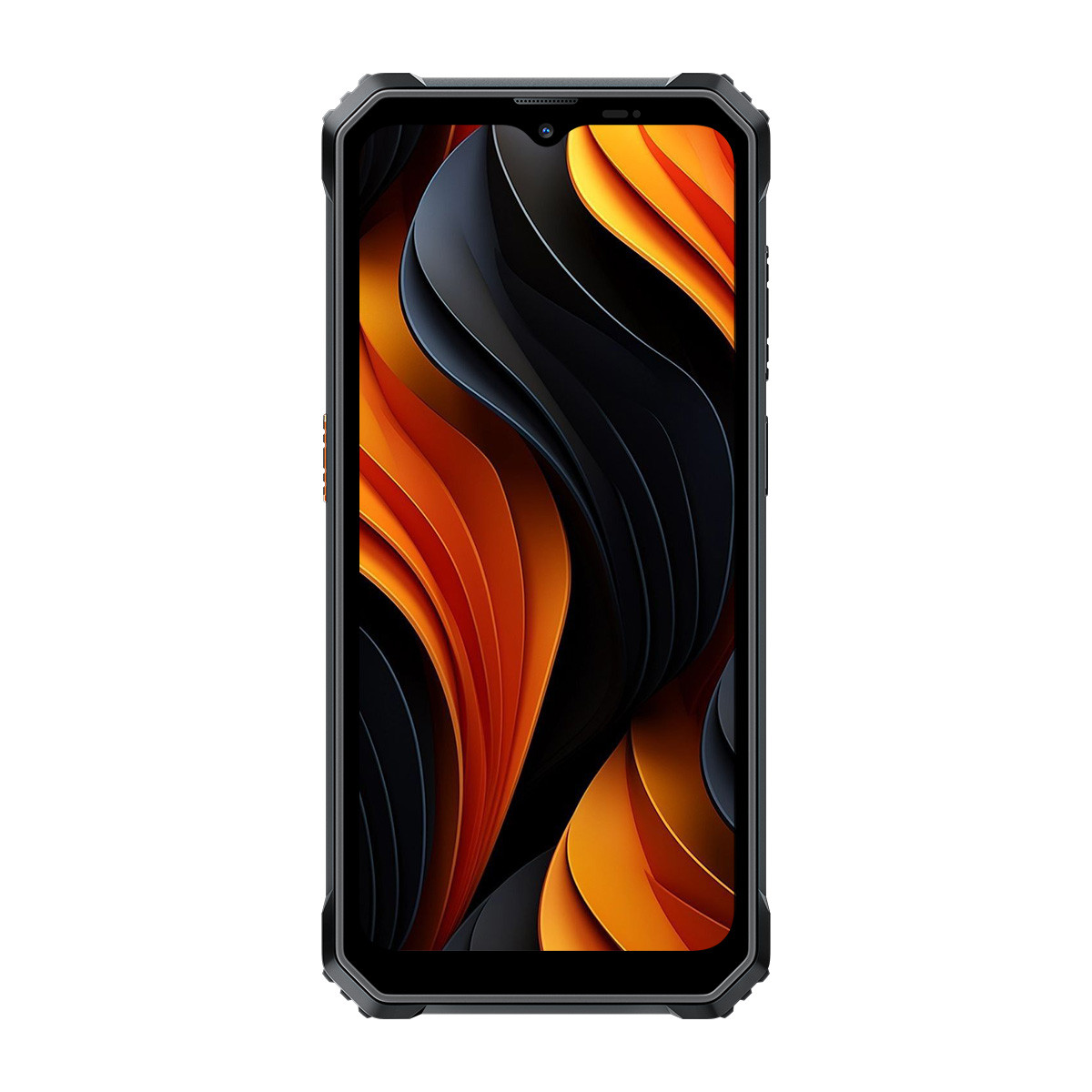 Smartphone nero con design astratto a onde arancioni e nere sullo schermo.