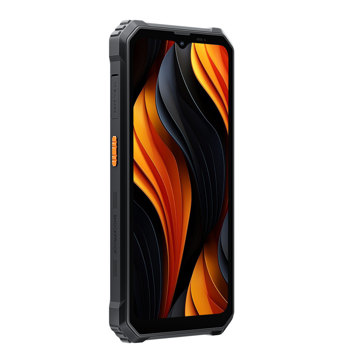 Vista laterale del telefono nero robusto con accenti arancioni.