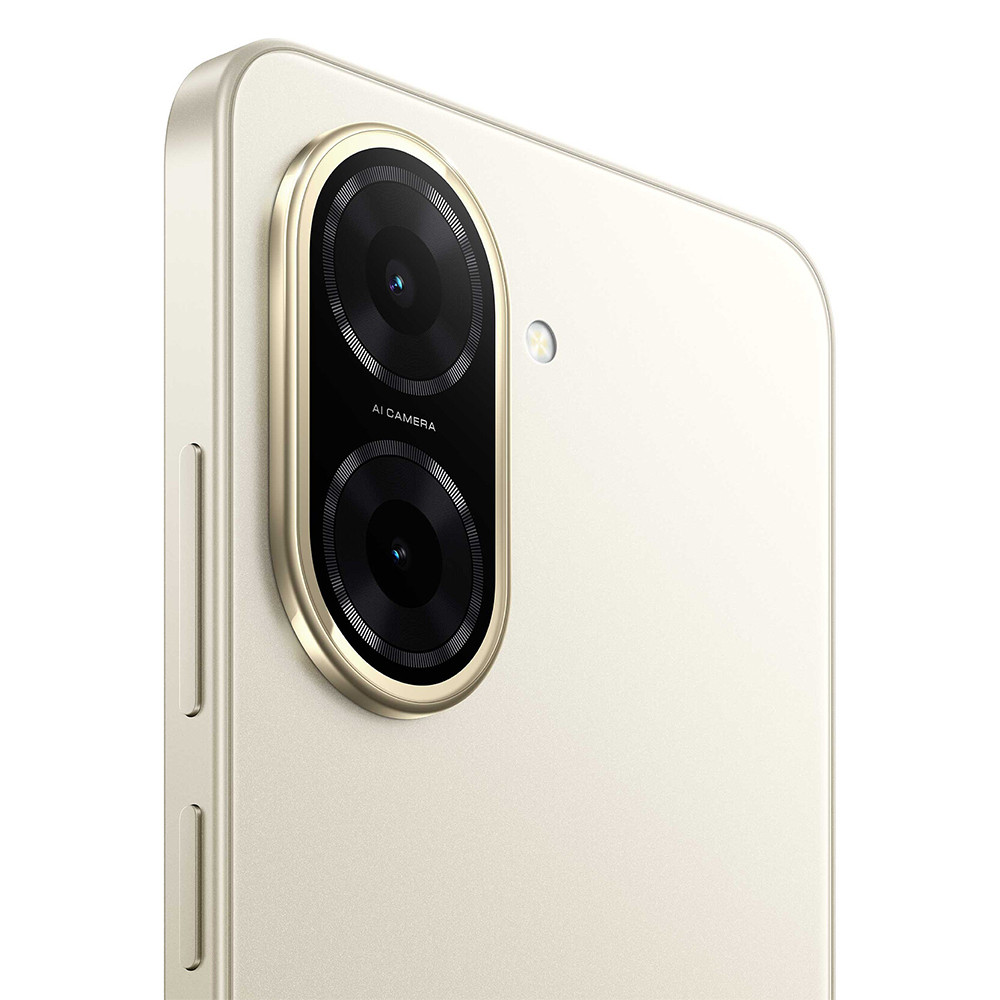 Dettaglio del telefono dorato con fotocamere e testo 'AI CAMERA'.