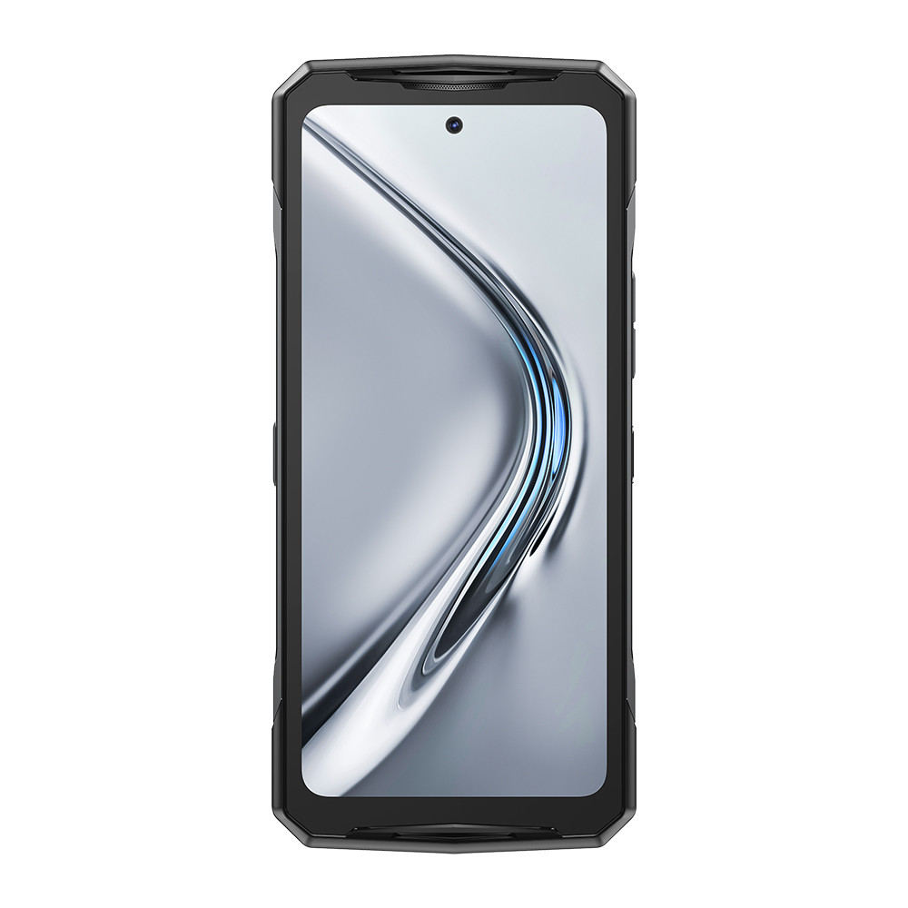 Czarny smartfon, widok z przodu pokazujący ekran ze srebrnym i niebieskim gradientem.