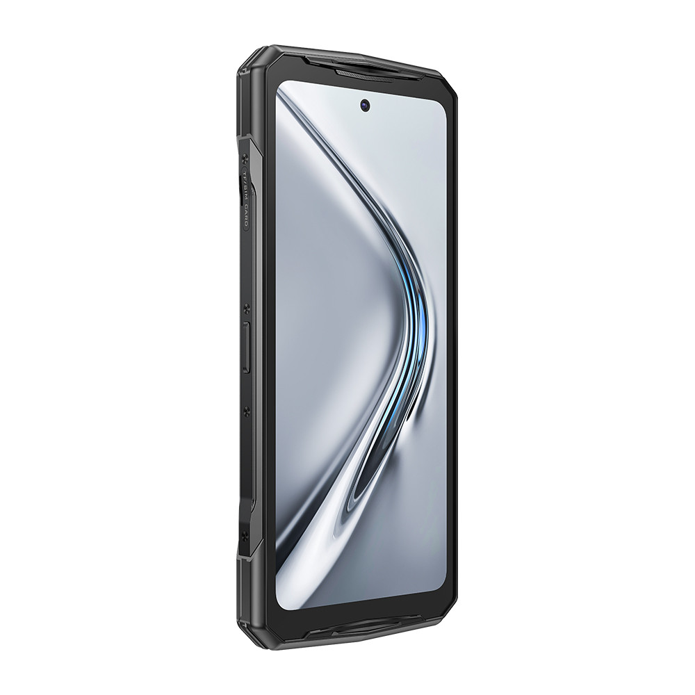 Czarny smartfon, widok pod kątem pokazujący ekran ze srebrnym i niebieskim gradientem.