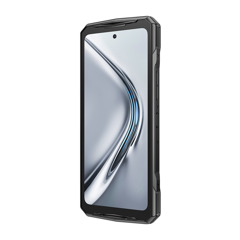 Czarny smartfon, widok pod kątem z ekranem z gradientem srebrno-niebieskim.