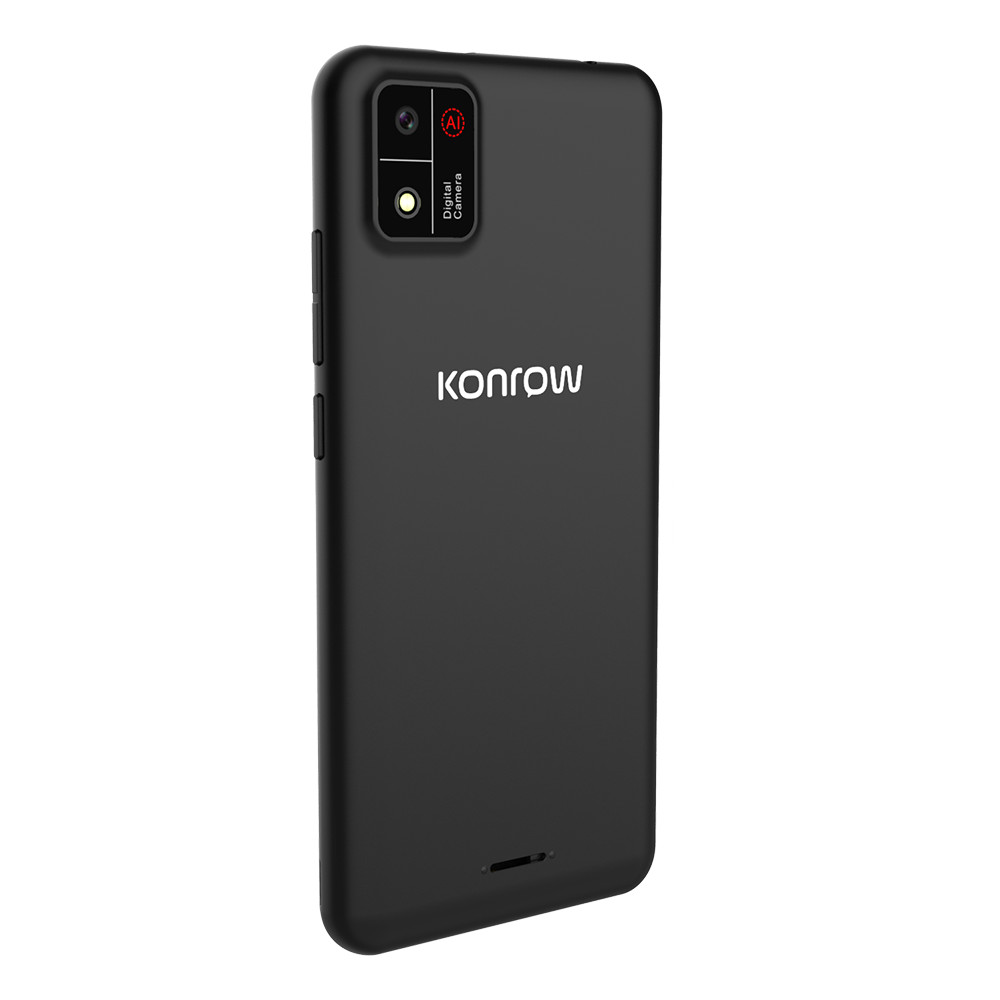 Retro del telefono Konrow nero con due fotocamere e il logo Konrow.