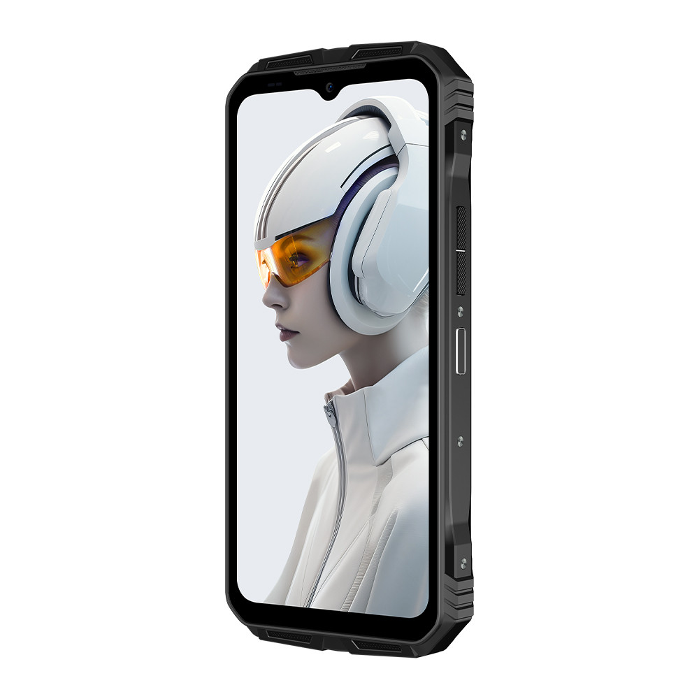 Telefono Blackview con schermo che mostra una donna con cuffie e abito bianco.