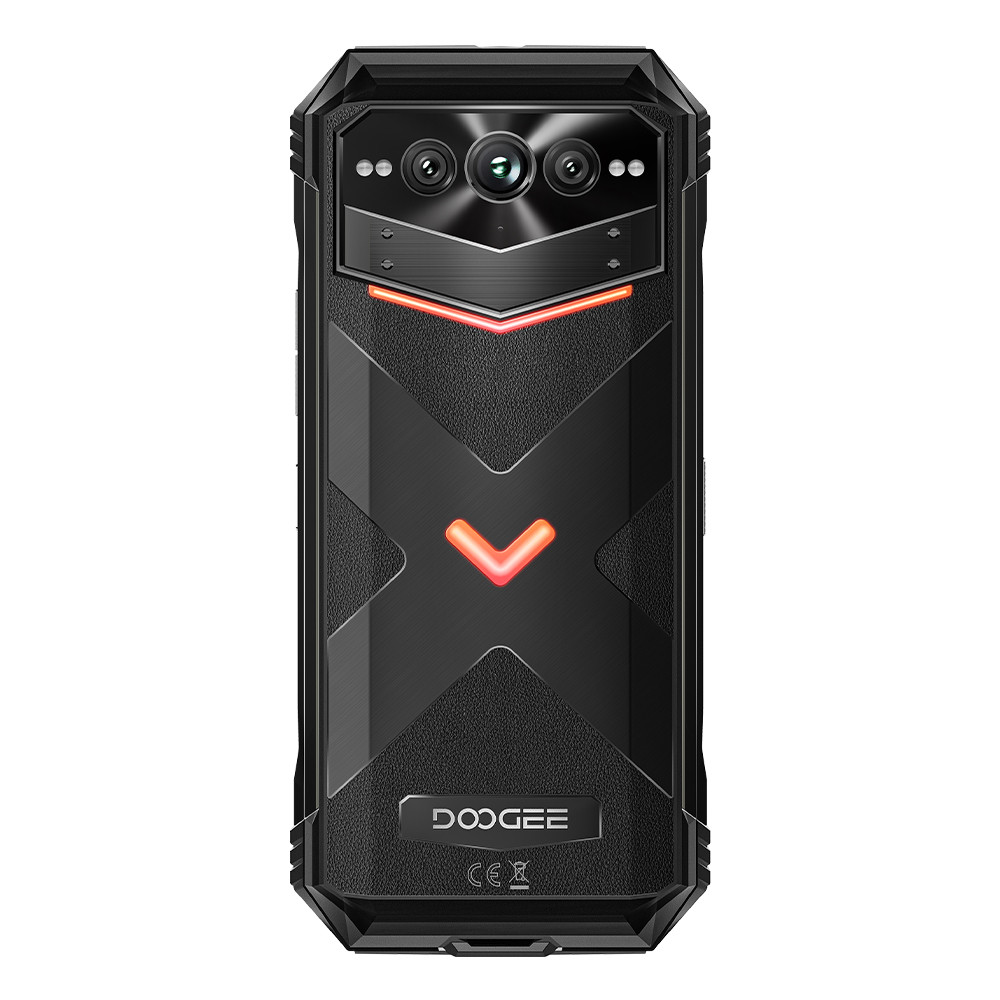 Retro di smartphone nero con tripla fotocamera, luce rossa e logo Doogee.