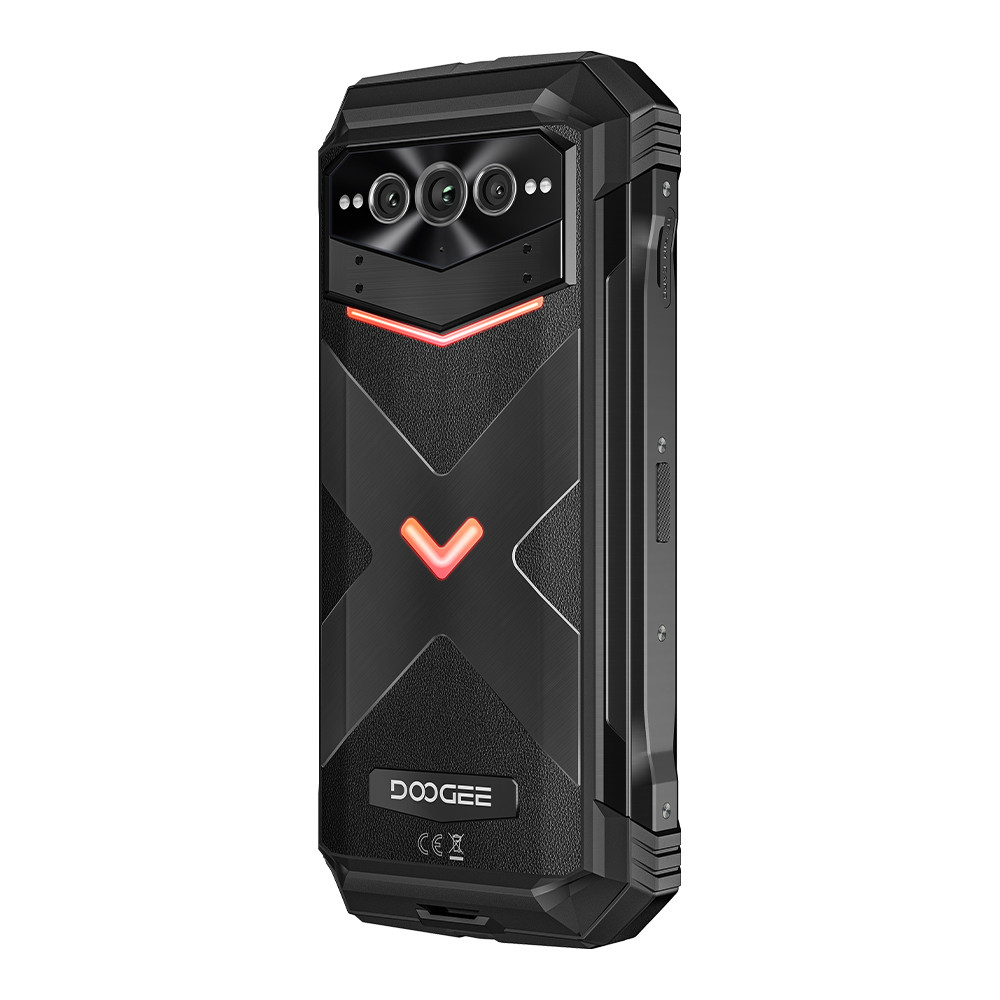 Telefono nero con design a X e luce rossa, fotocamere posteriori multiple.