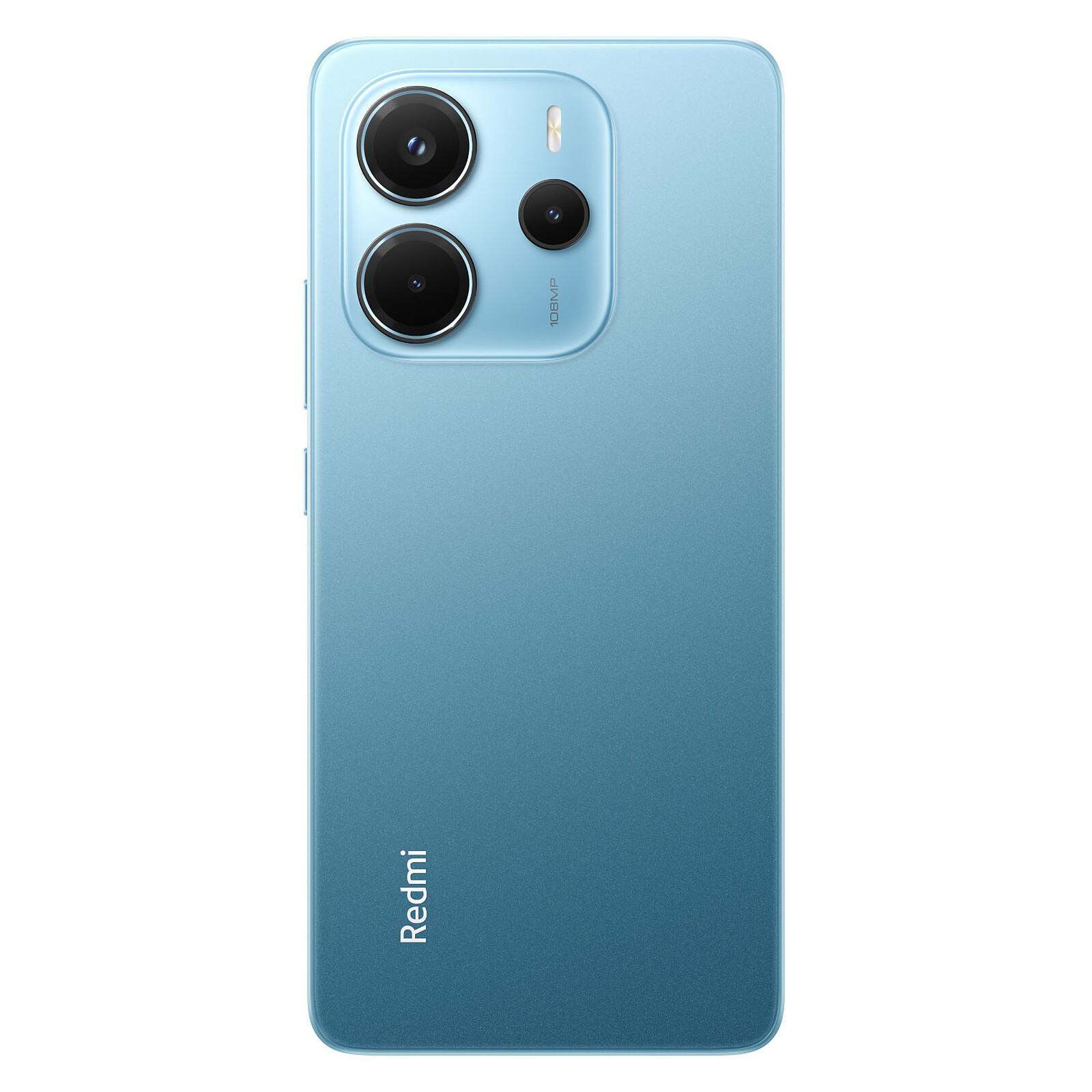 Tył telefonu Redmi, jasnoniebieski kolor, z trzema aparatami i logo Redmi na dole.