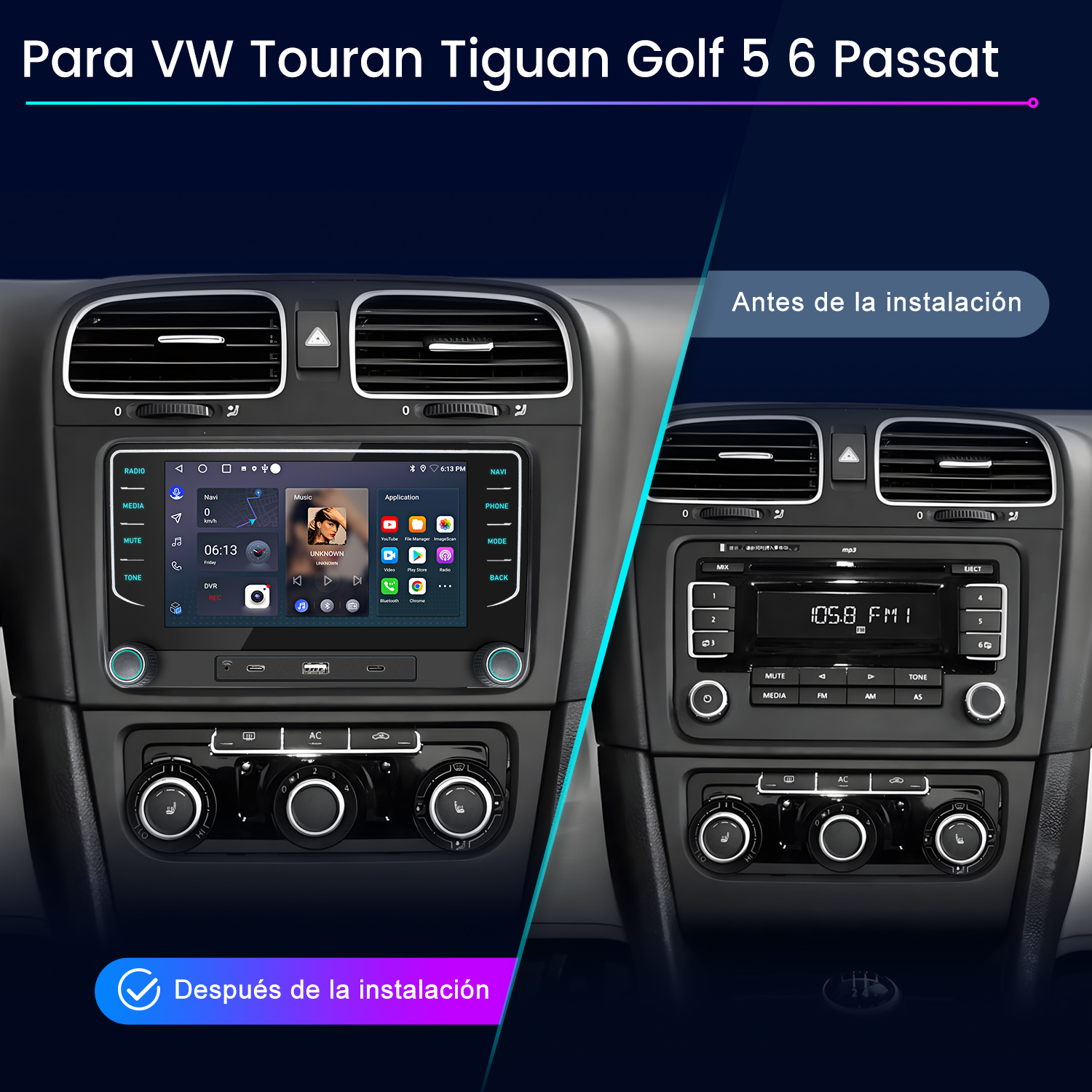 Comparación de instalación de radio de coche. Tomas del antes y después de la configuración de una radio de coche, con texto en español.