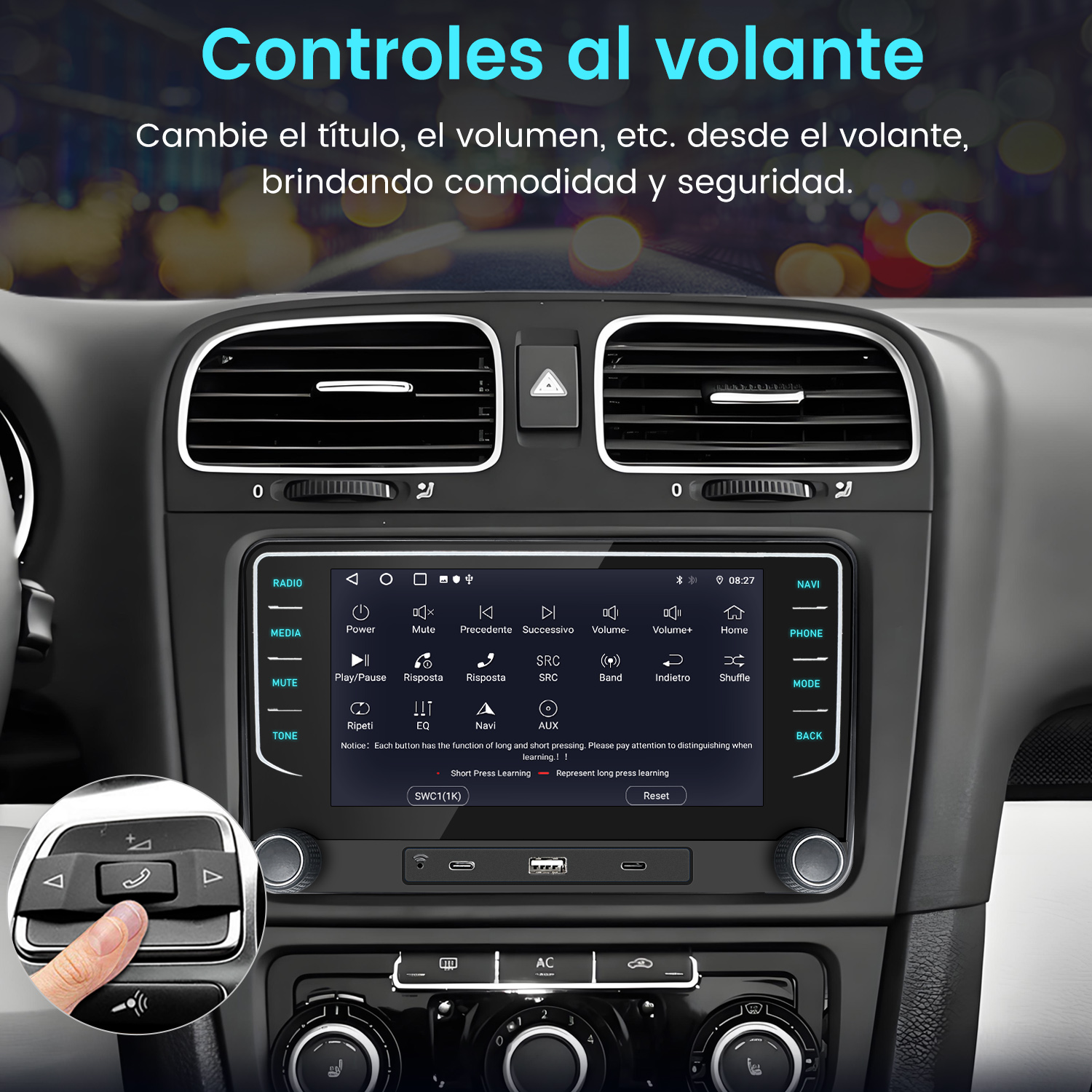 Panel de control del coche que muestra controles para un sistema estéreo. Una mano interactúa con un botón.