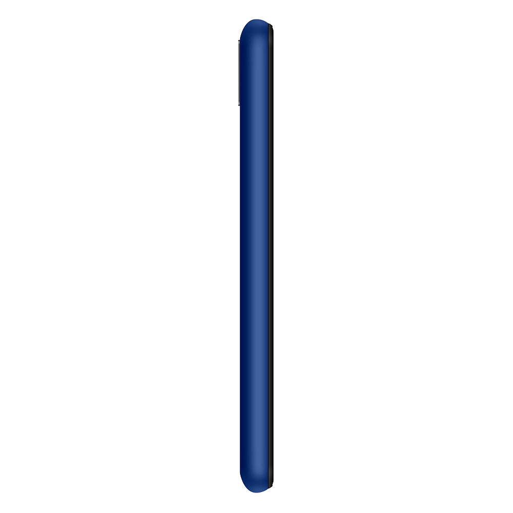 Vista laterale del telefono blu. Design minimalista con un profilo sottile e un colore blu scuro.