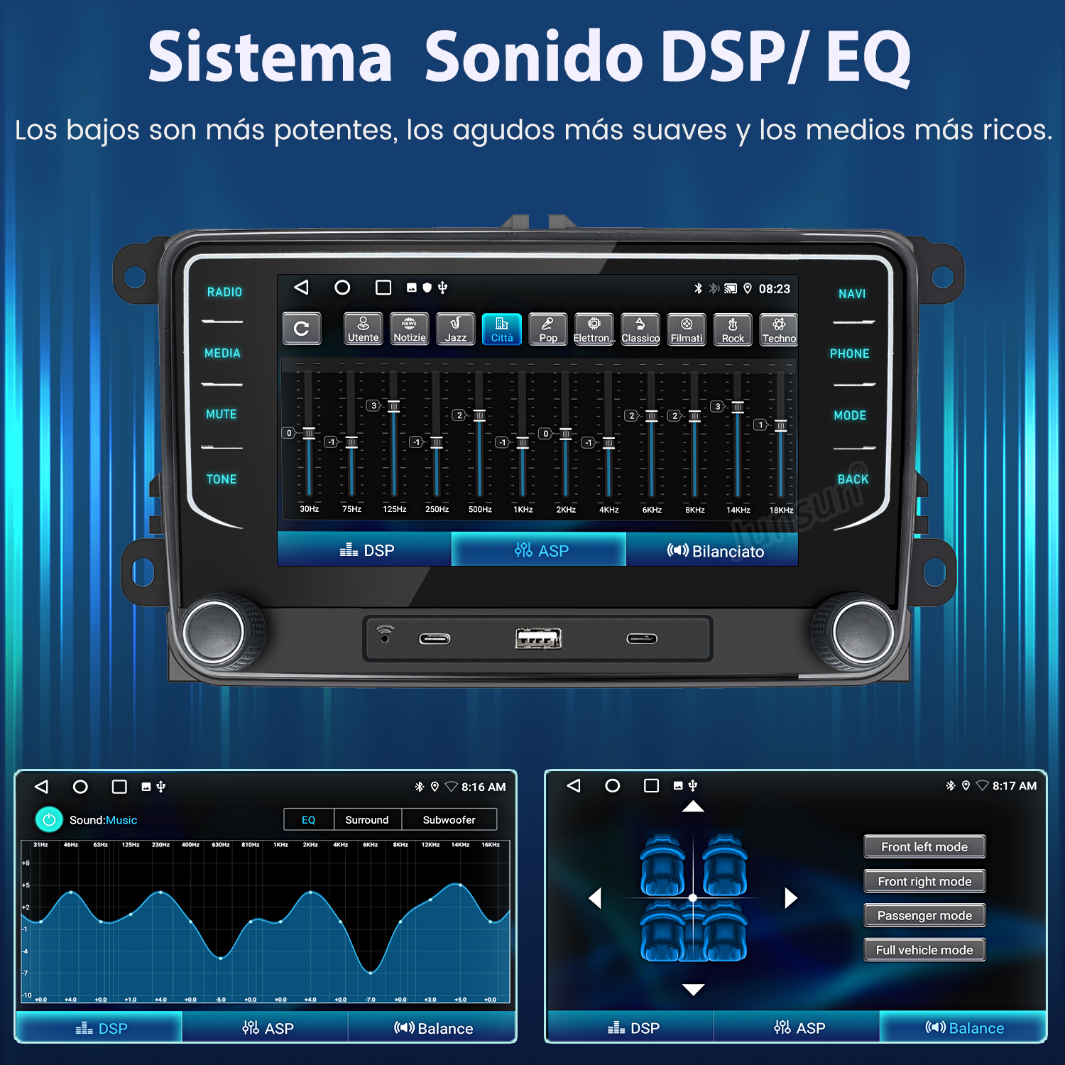 Interfaz del sistema estéreo del coche con ajustes de sonido y ecualizador. También muestra ajustes de modo del coche.