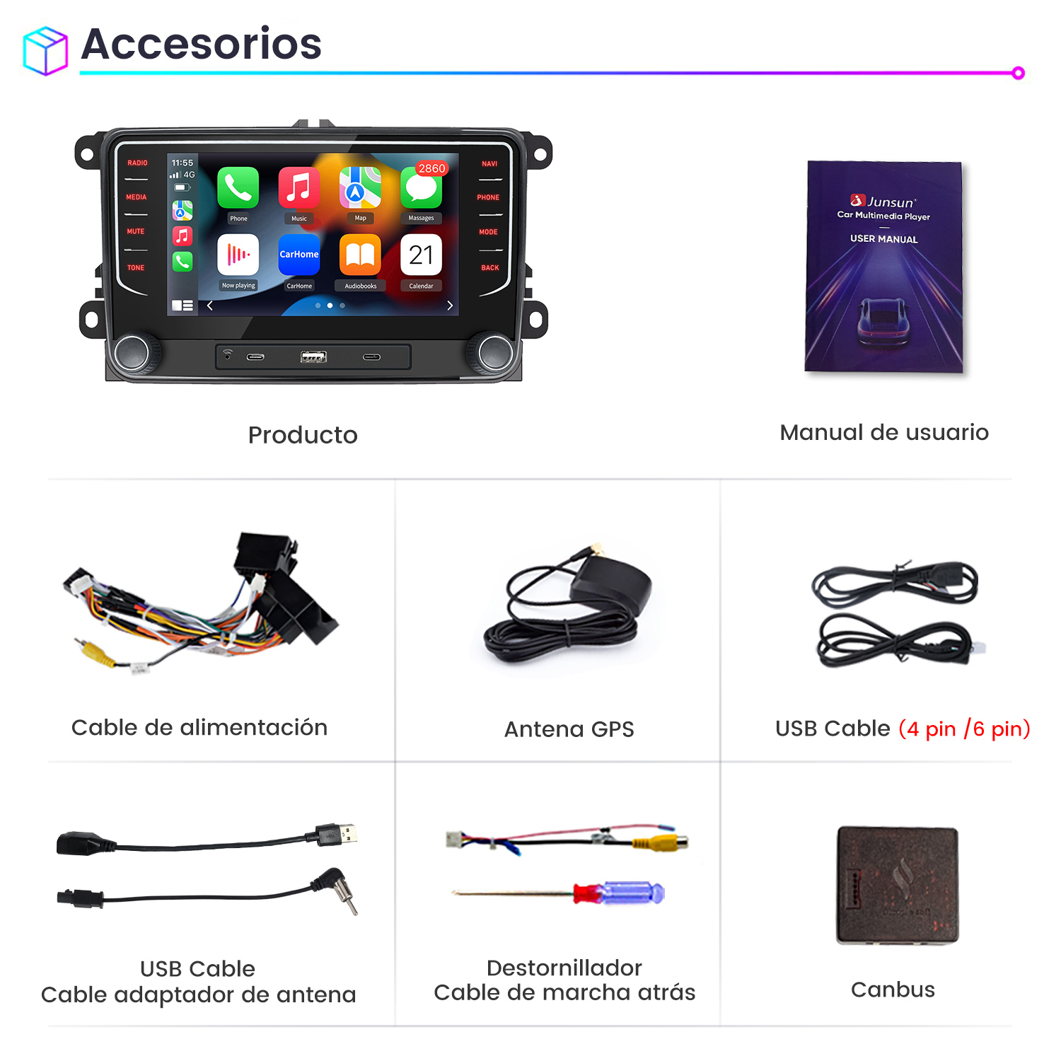 Accesorios para un sistema estéreo de coche, incluyendo un manual de usuario, cables y un destornillador.