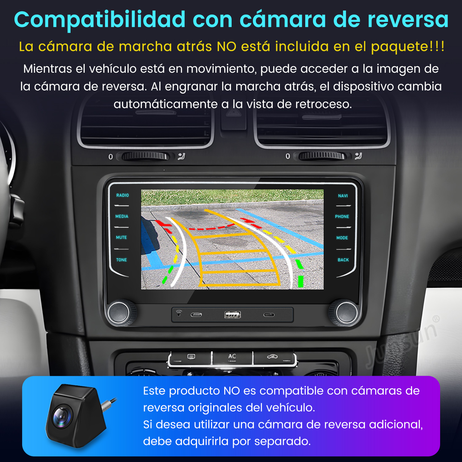 Panel del coche con vista de cámara de marcha atrás. Texto español sobre compatibilidad.