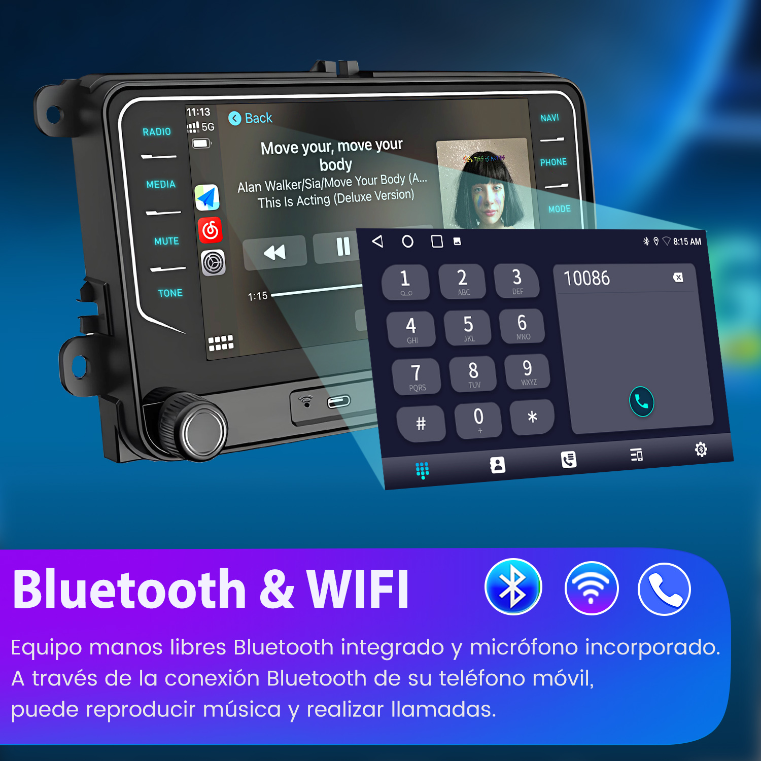 Sistema estéreo de coche con pantalla mostrando aplicación de música, teclado telefónico e iconos Bluetooth/WiFi.