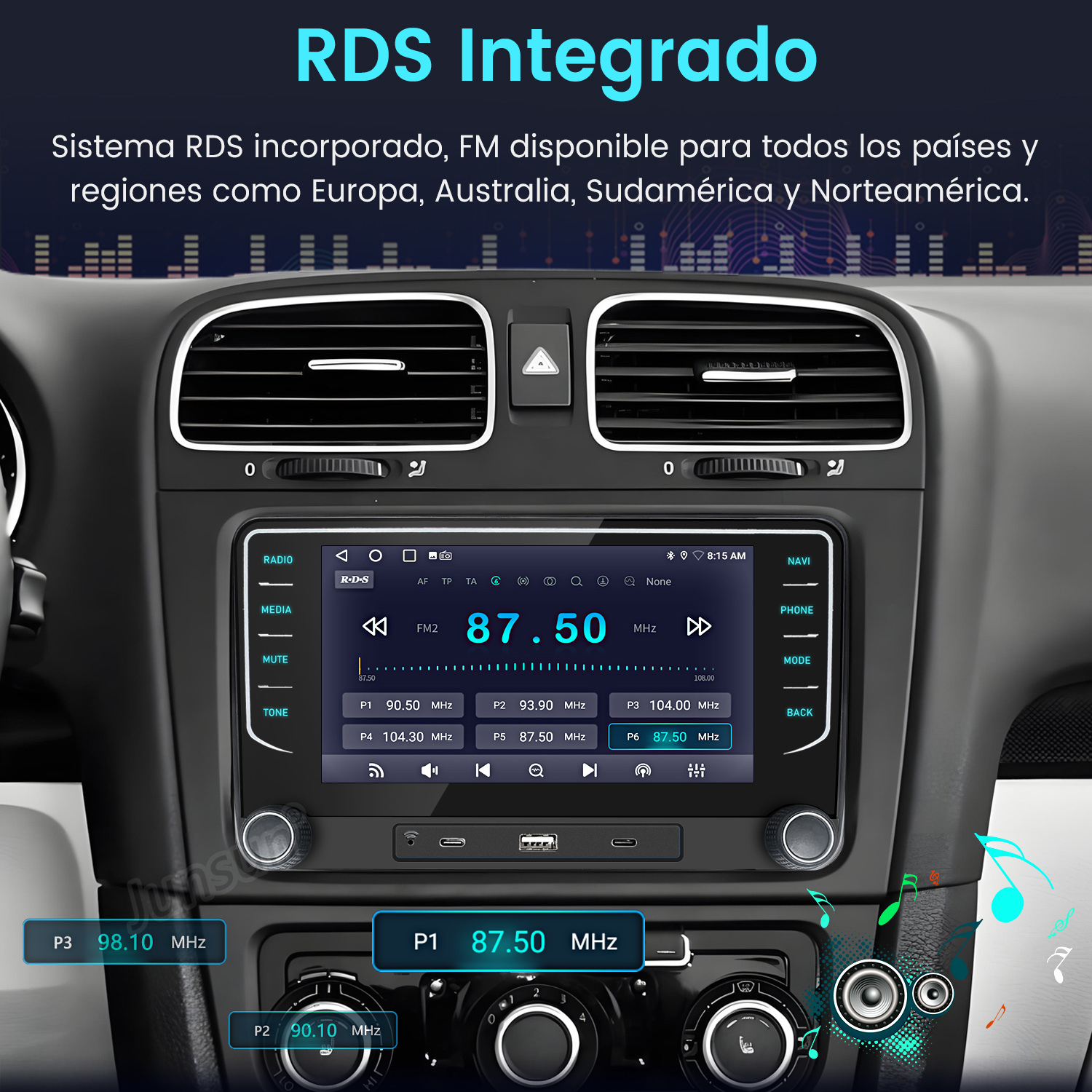 Interfaz de radio de coche con función RDS integrada, mostrando información y ajustes de radio.
