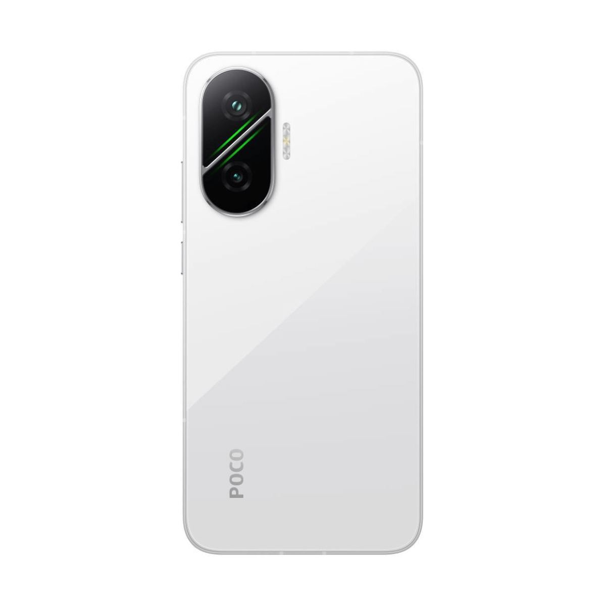 Biały tył telefonu Poco, z trzema aparatami, lampą błyskową i logo Poco na dole.