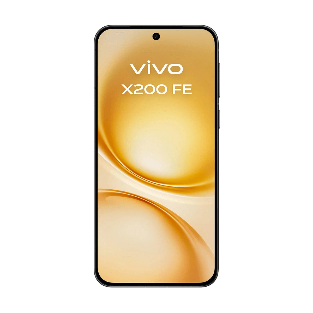 Telefon Vivo X200 FE, czarna ramka, ekran z logo marki, złote gradientowe tło.