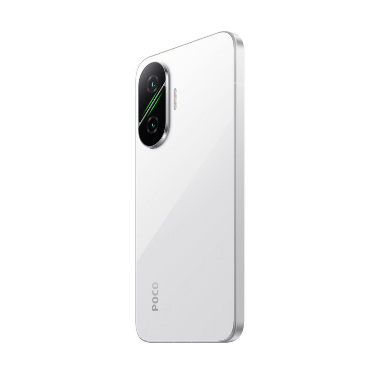 Biały smartfon, widok z tyłu, dwa aparaty i logo POCO.