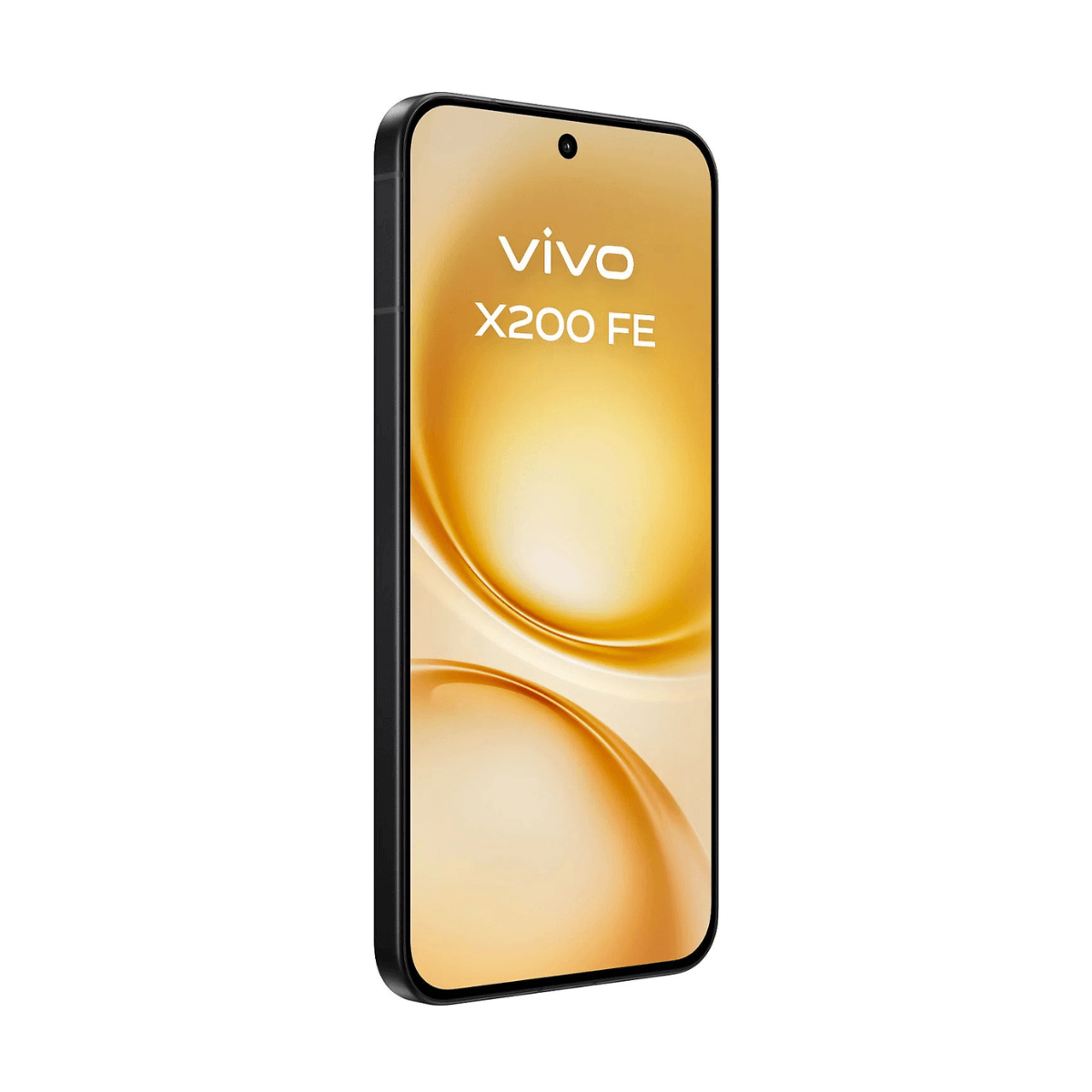 Czarny smartfon, wyświetlający logo vivo X200 FE z gradientowym złotym tłem.