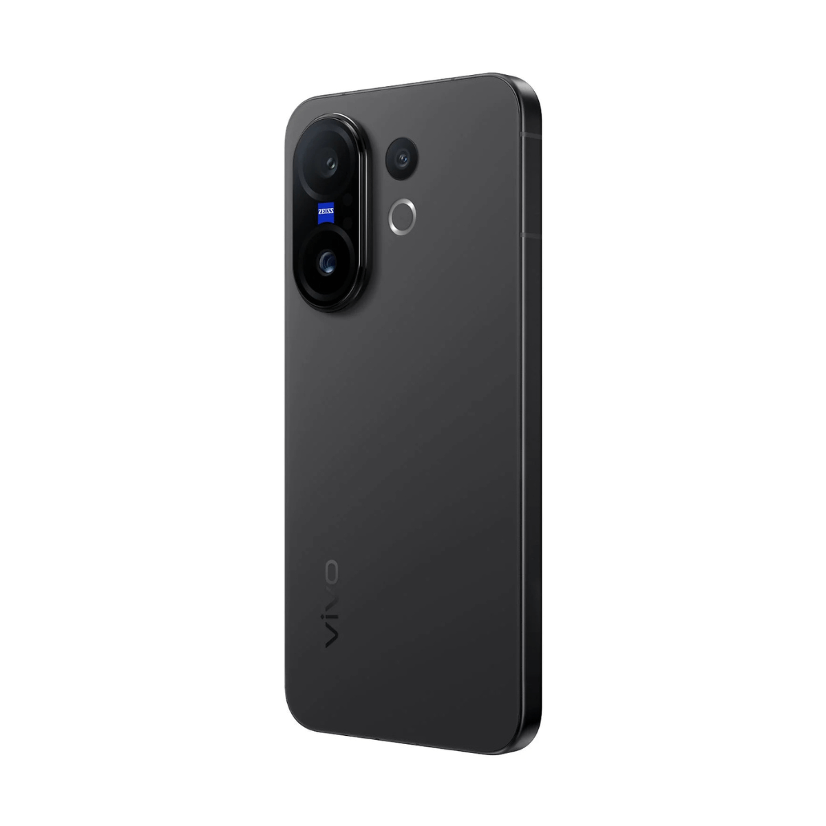 Czarny smartfon, widok pod kątem z trzema tylnymi kamerami, marką Zeiss i logo vivo.