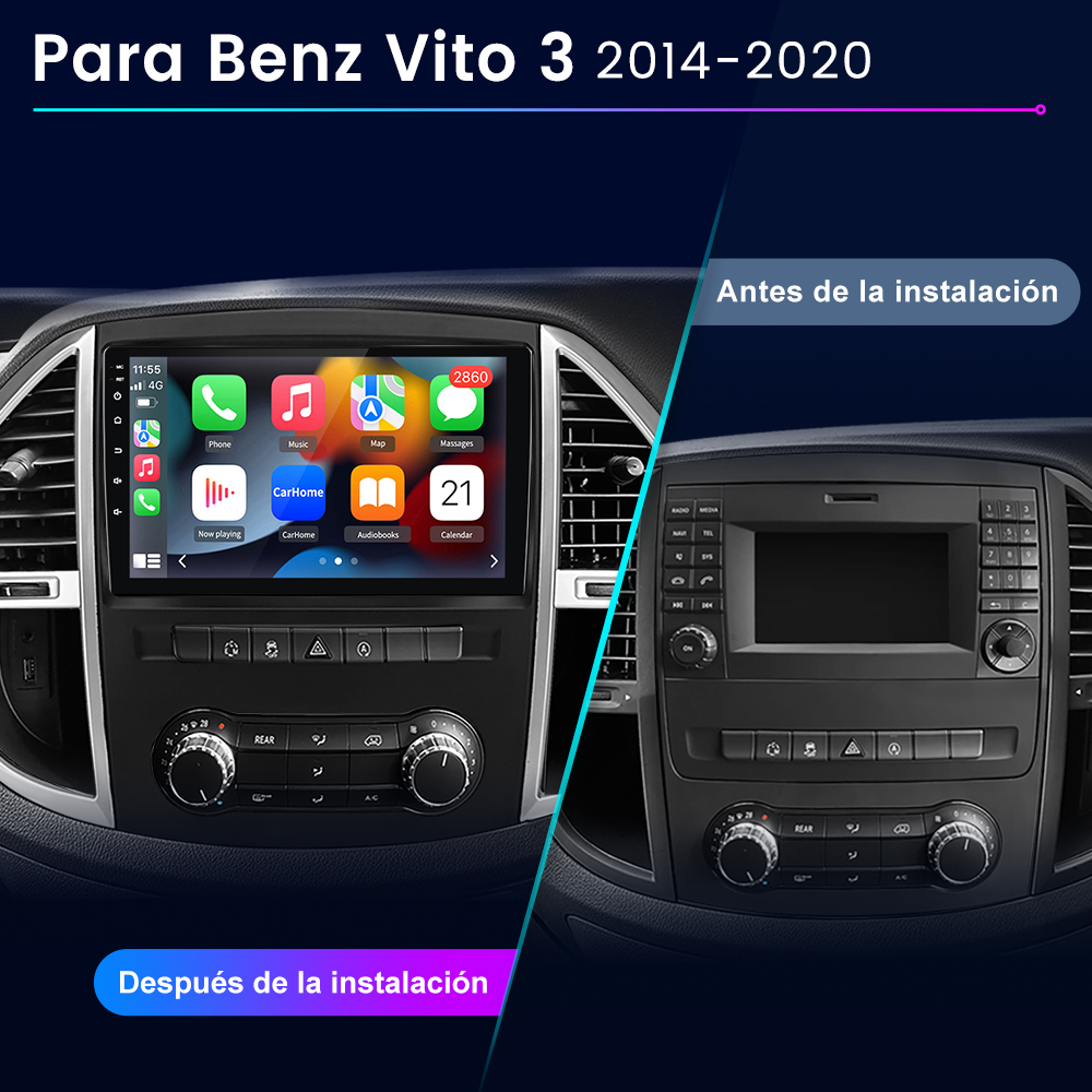Sistema de radio del coche, comparación antes y después de la instalación, texto en español.