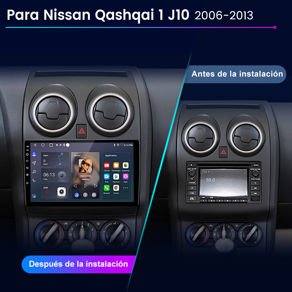 Pantalla de radio de coche antes y después de la instalación en un Nissan Qashqai 1 J10, mostrando interfaz de música.