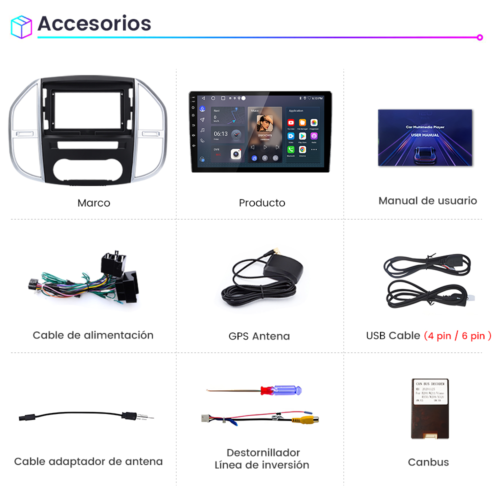 Se muestran nueve accesorios de radio para automóviles, incluidos cables, una antena GPS y un manual de usuario.