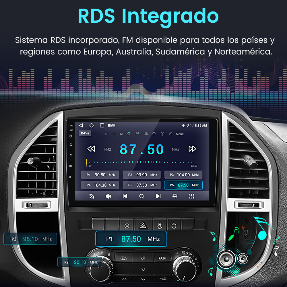 Una pantalla de radio de coche que muestra información de radio, incluida la frecuencia 87.50 MHz, con RDS integrado.