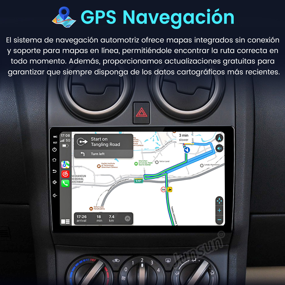 Pantalla de navegación del coche con mapa GPS. Texto en español. Salpicadero con botones e iconos.