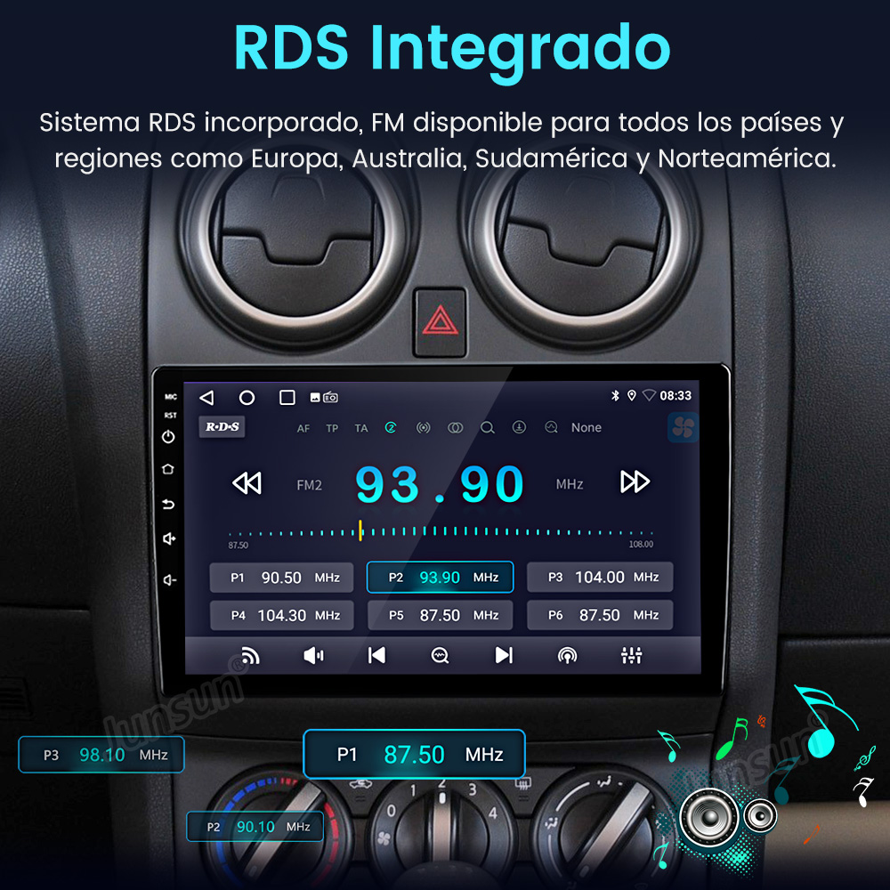 Una pantalla de radio de coche muestra información de radio y una frecuencia de 93.90 MHz, con un sistema RDS integrado.
