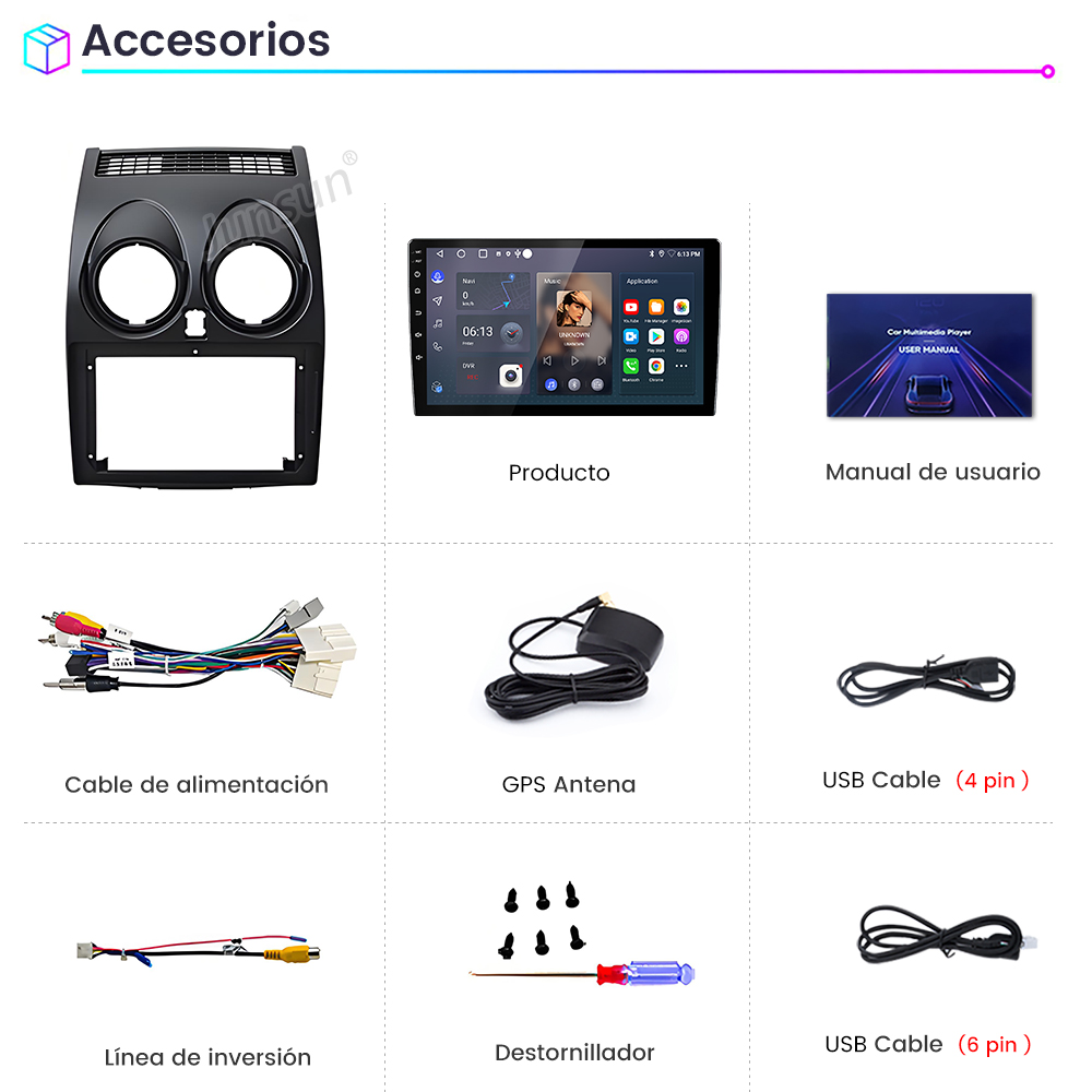Se muestran nueve accesorios de radio para coche, incluyendo un marco, una unidad de radio y varios cables.
