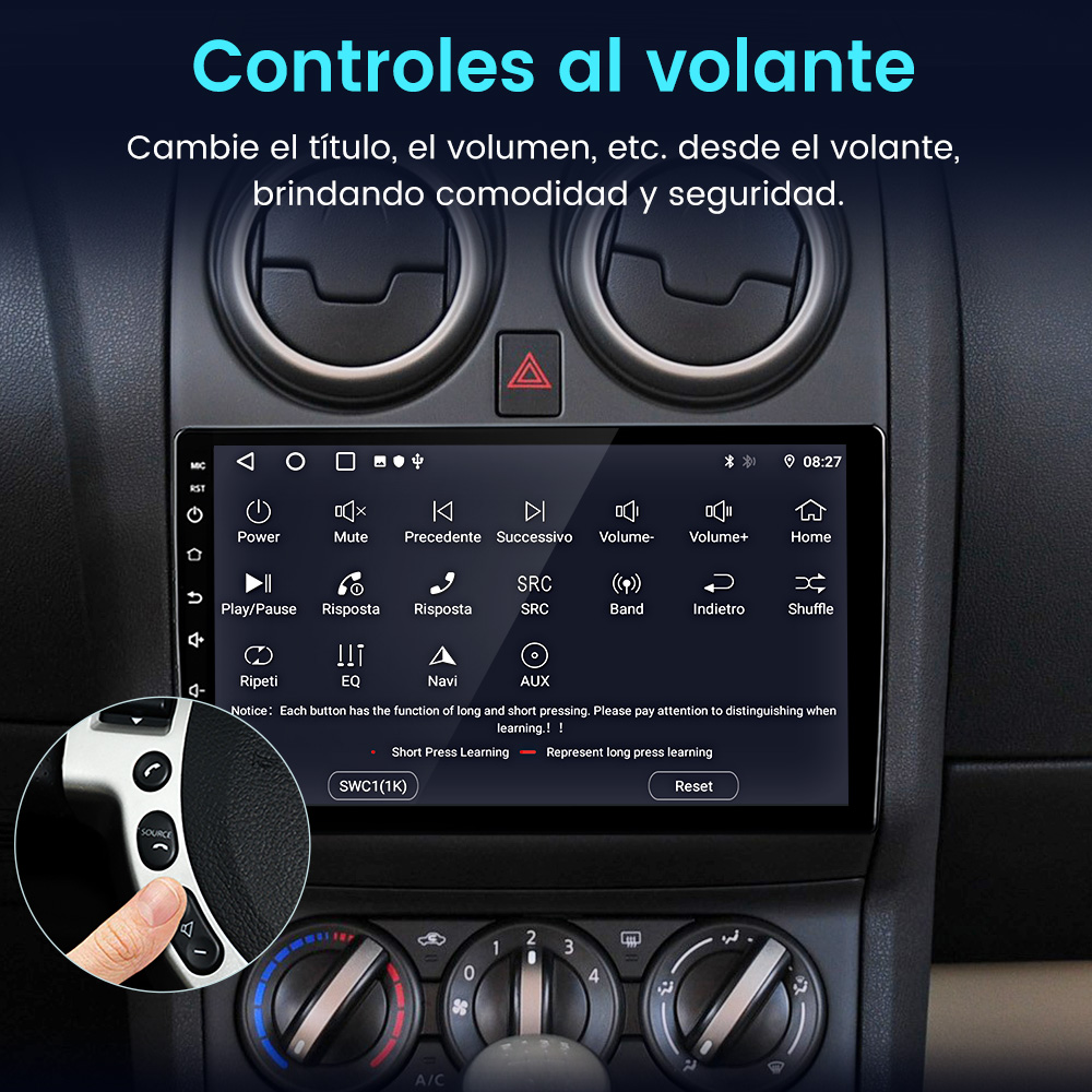 Una pantalla de radio de coche con controles en el volante, mostrando varios botones y una mano pulsando un botón.