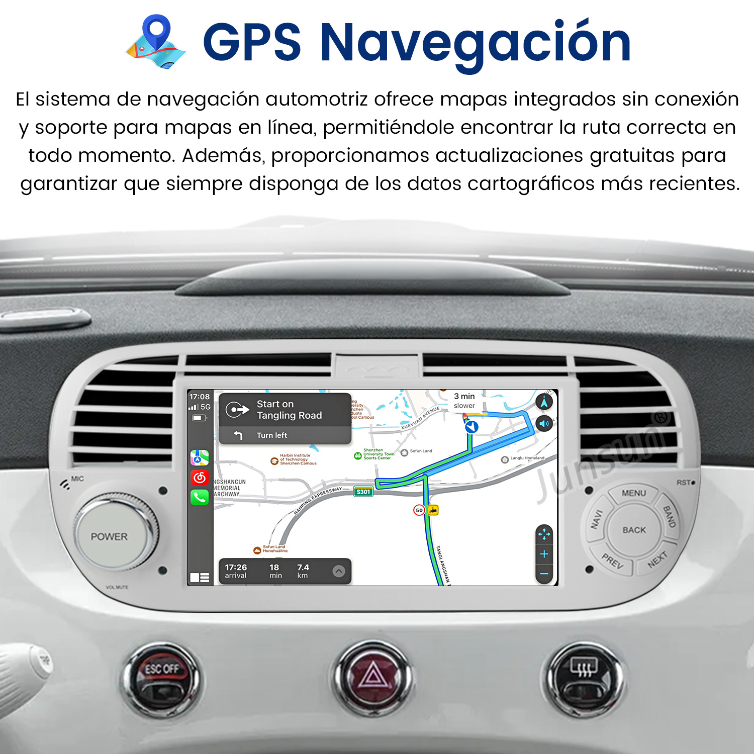 Pantalla del sistema de navegación del coche mostrando un mapa. Botones y pantalla digital abajo.