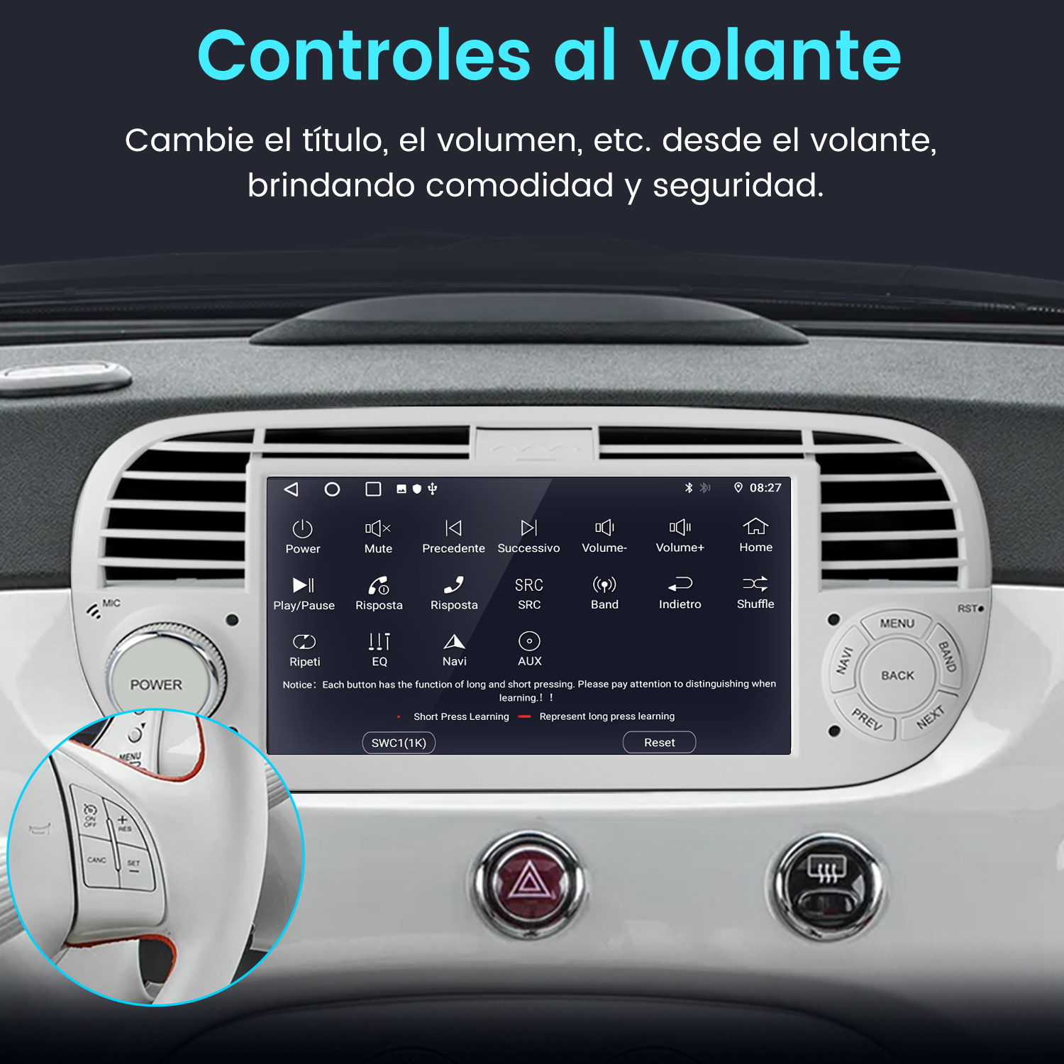 Una pantalla de radio de coche con controles en el volante, mostrando varios botones y una mano pulsando un botón.