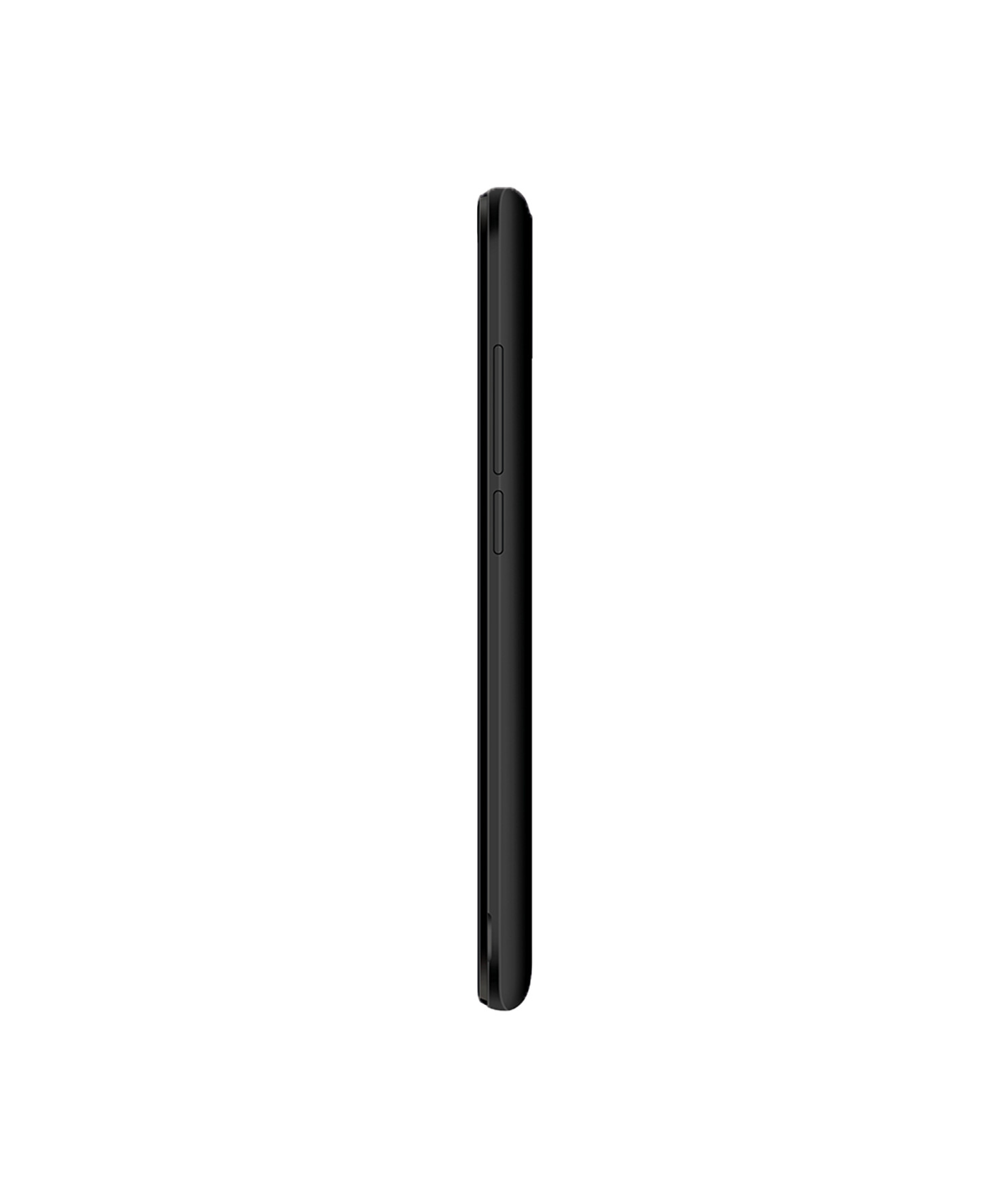 Vista laterale di un telefono cellulare nero e sottile. Il telefono è semplice con alcuni pulsanti sul lato.