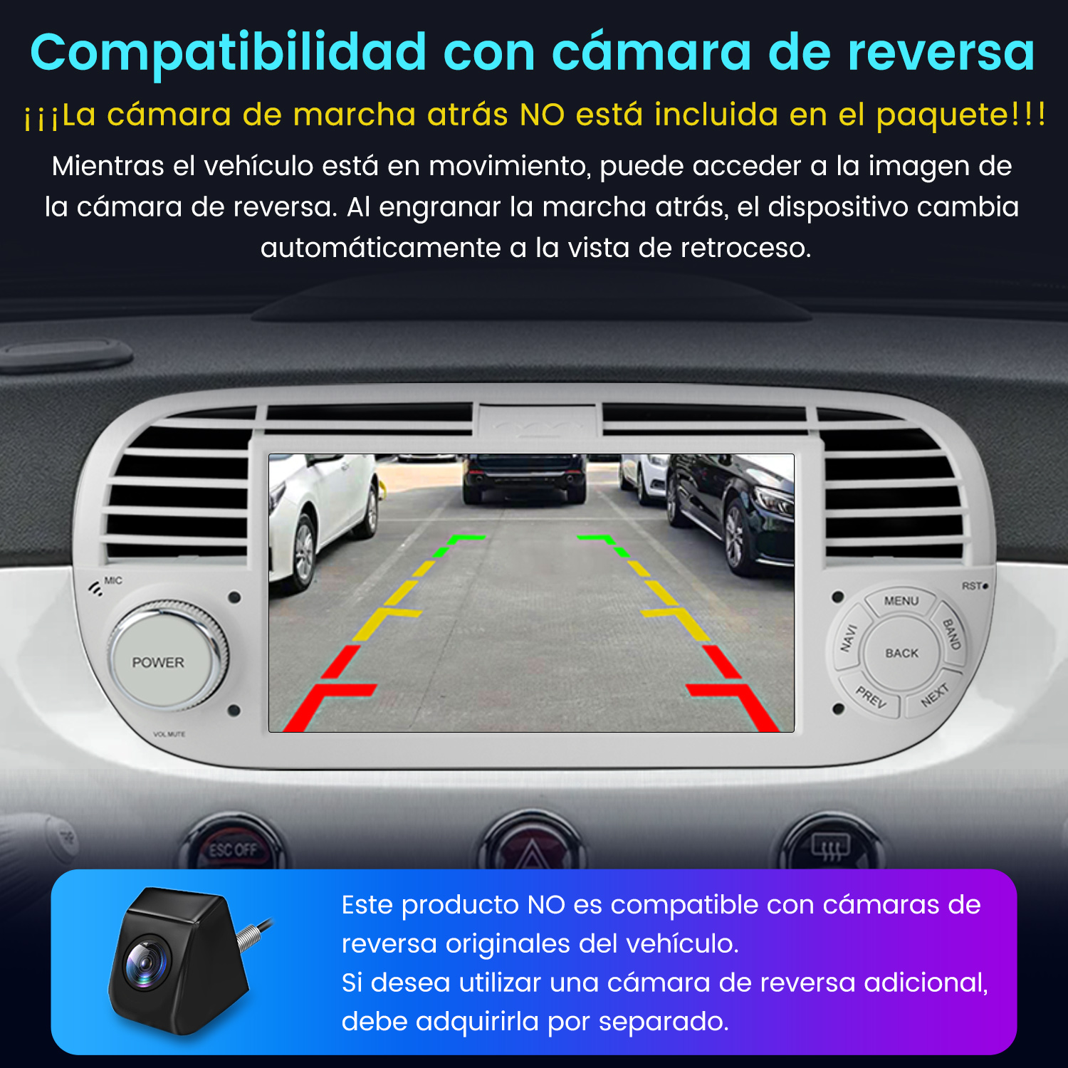 Tablero de coche con pantalla mostrando vista cámara trasera y texto español.