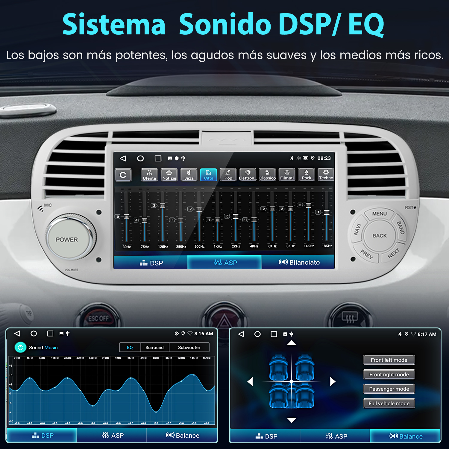 Pantalla de estéreo de coche mostrando ecualizador de sonido con ajustes DSP/EQ.