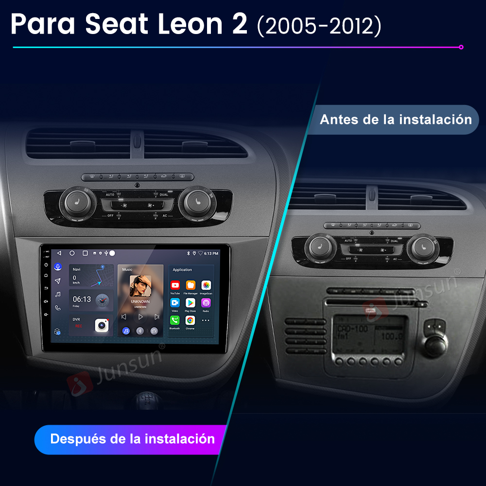 Comparación de instalación de radio de coche. Vista antes y después de la instalación. Salpicadero con pantalla digital.