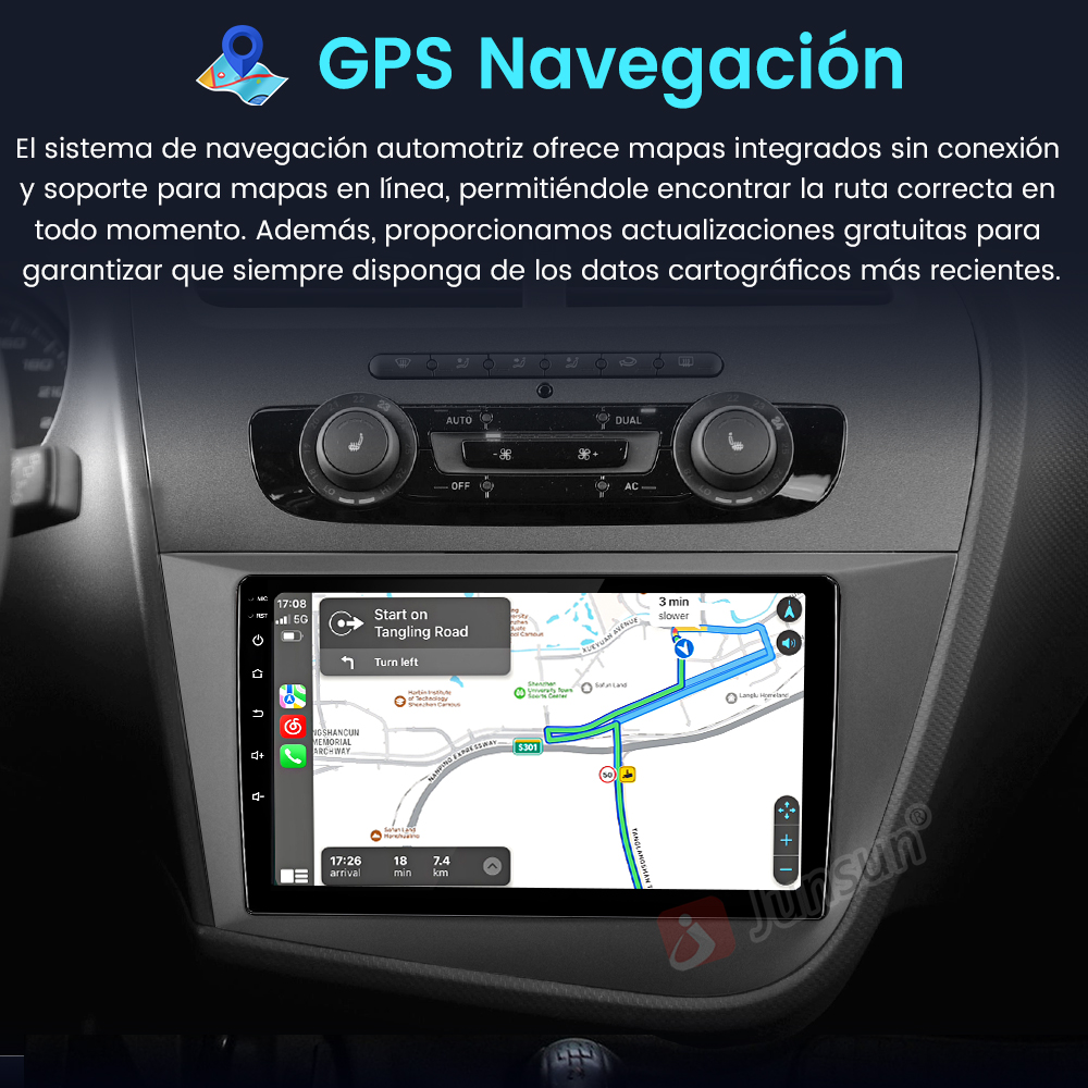 Salpicadero de coche con pantalla que muestra un mapa de navegación. Muestra una ruta y detalles de navegación.