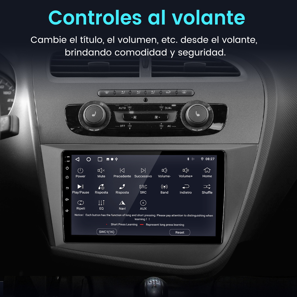 Salpicadero de coche con pantalla que muestra ajustes y controles. La pantalla muestra opciones de música y un menú.