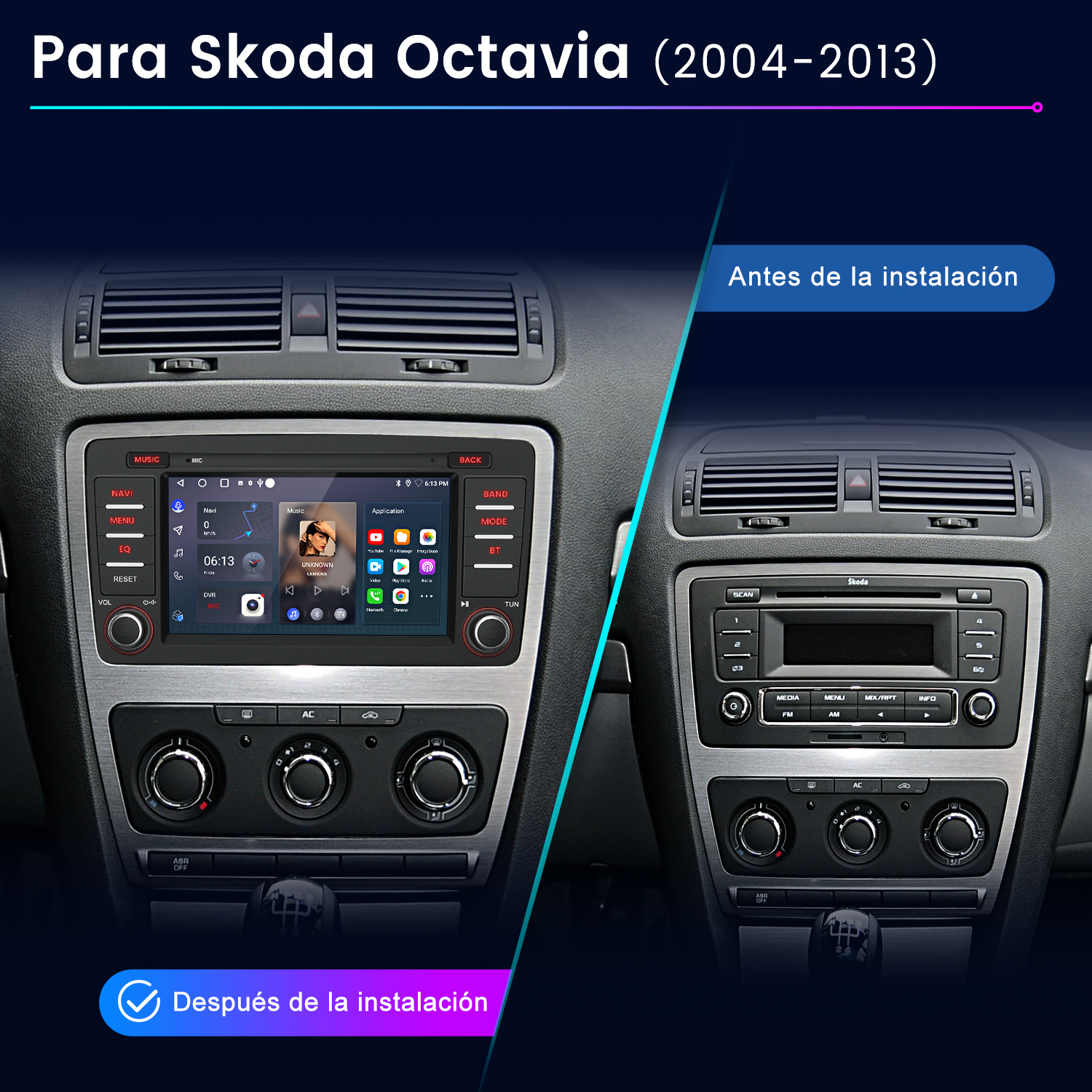Comparación del salpicadero del coche: radio antigua a la derecha, nueva pantalla táctil a la izquierda. Muestra el antes y el después.