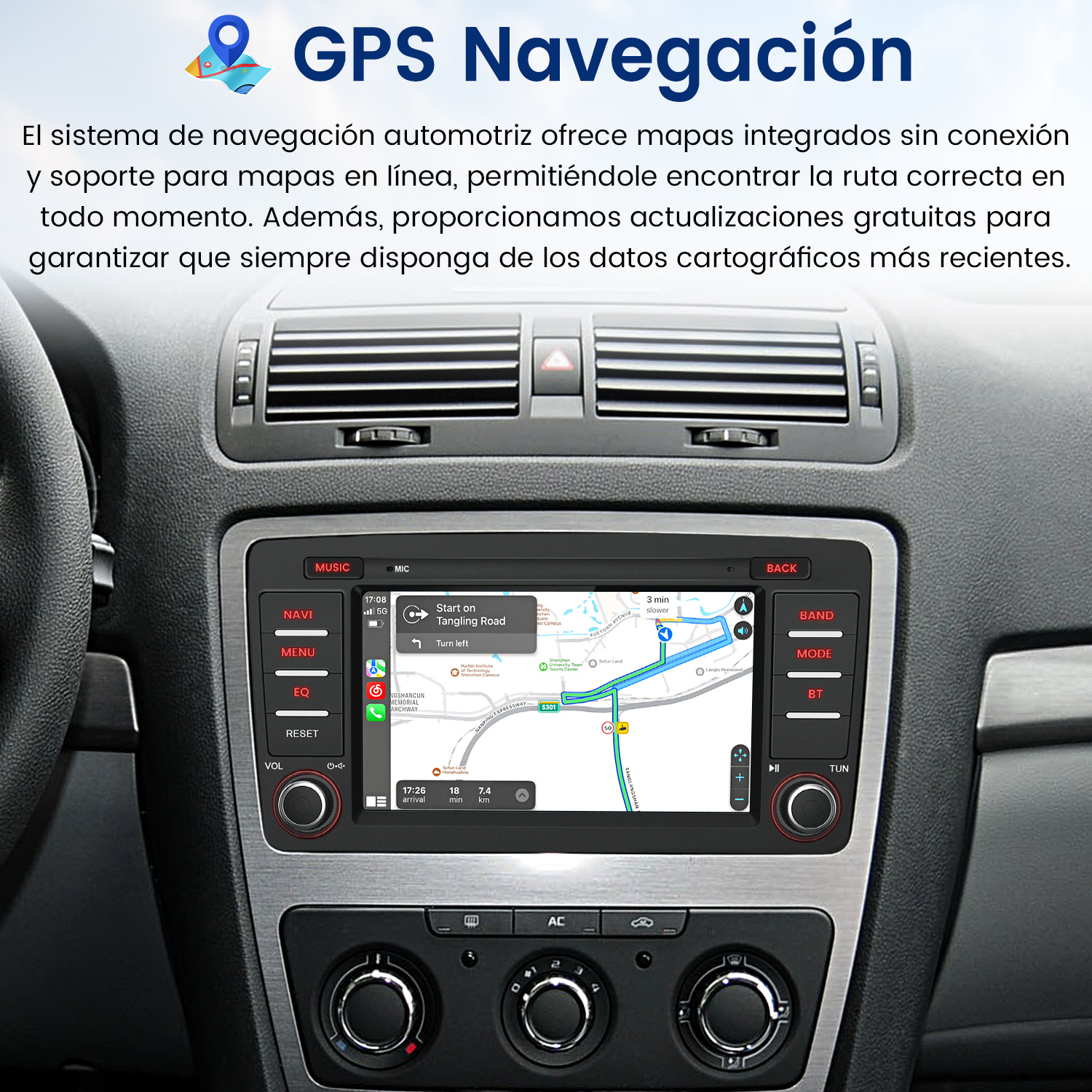 Estéreo de coche mostrando interfaz de navegación GPS, con mapa visible.
