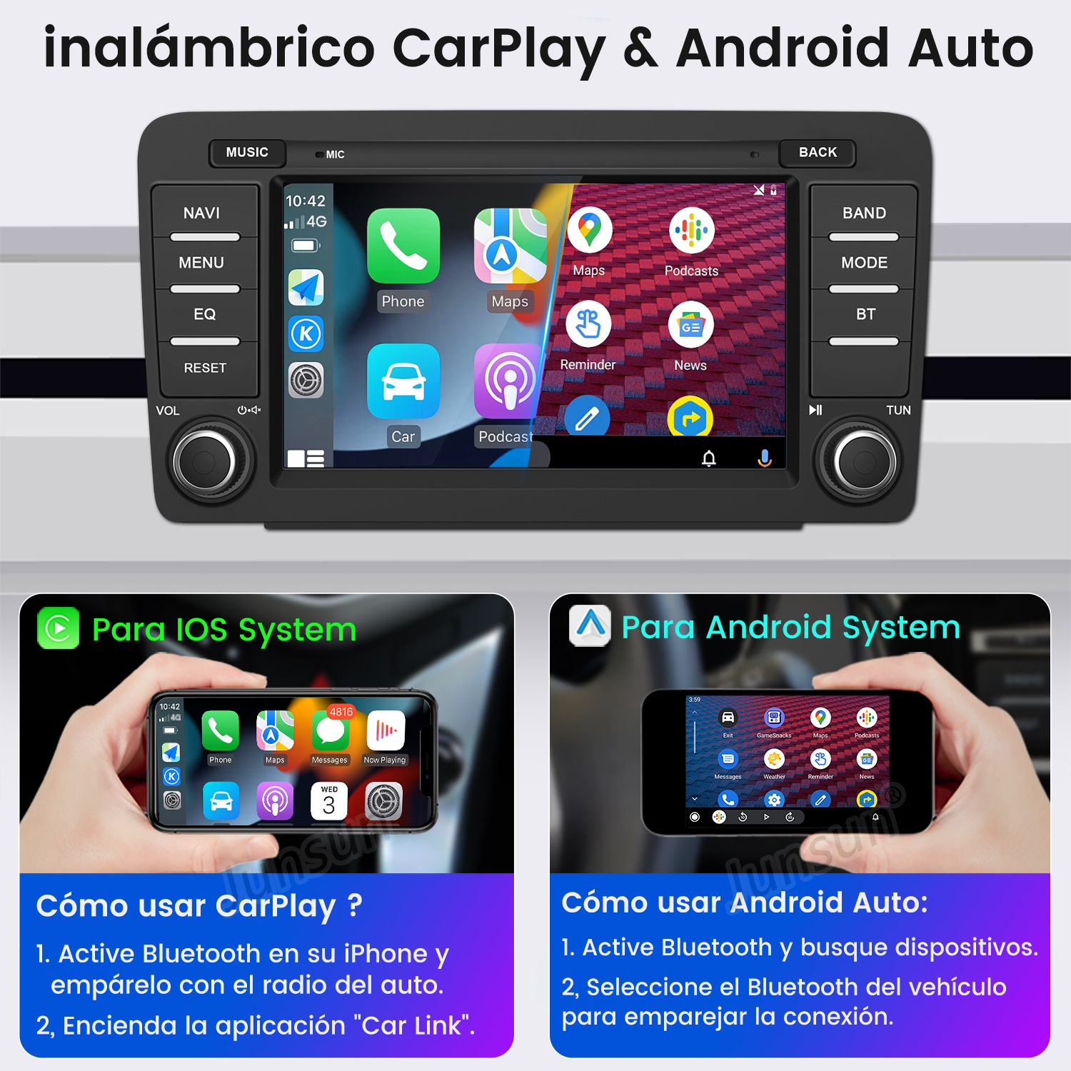 Pantalla de radio de coche muestra aplicaciones, coche, teléfono, iconos de mapa. Dos manos sostienen teléfonos.