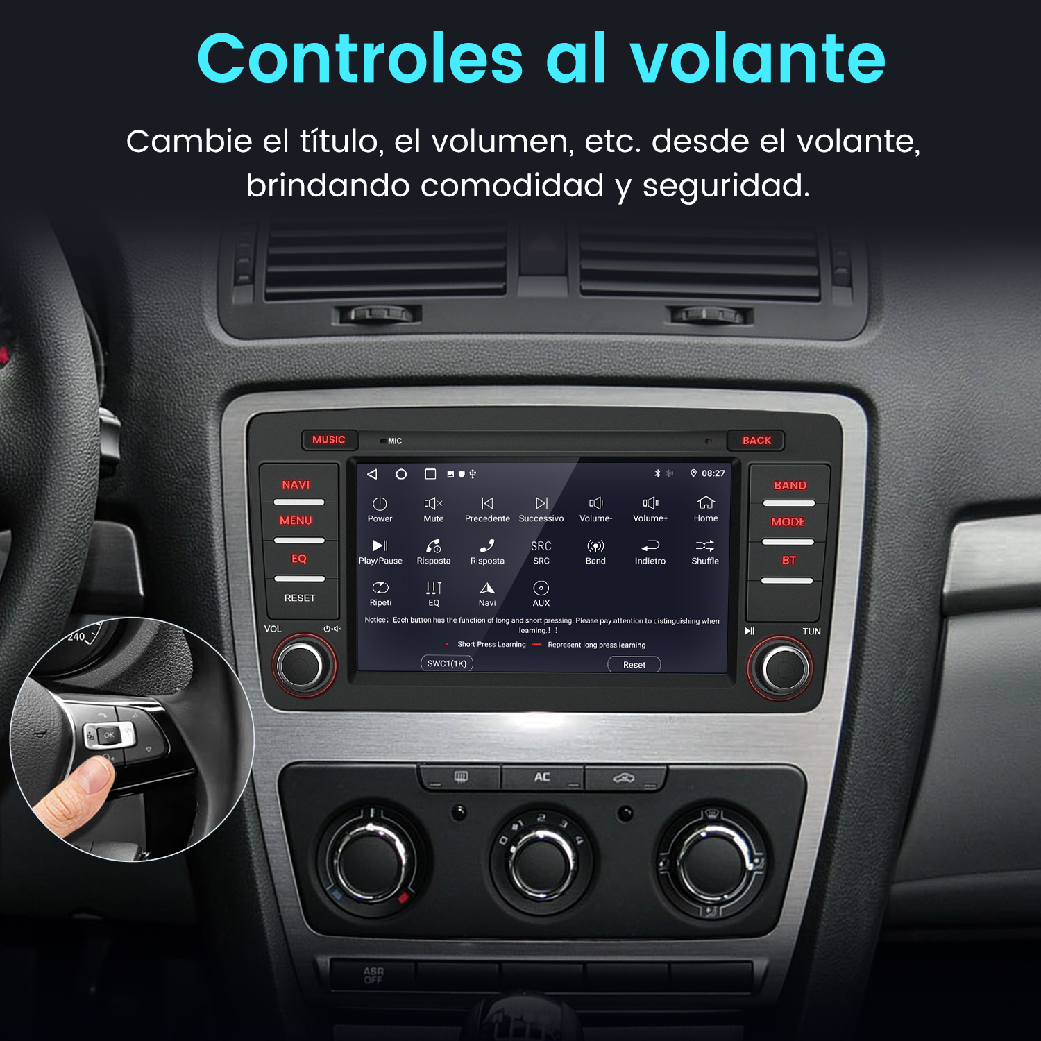 Pantalla de radio de coche con texto y botones. Una mano toca el volante.