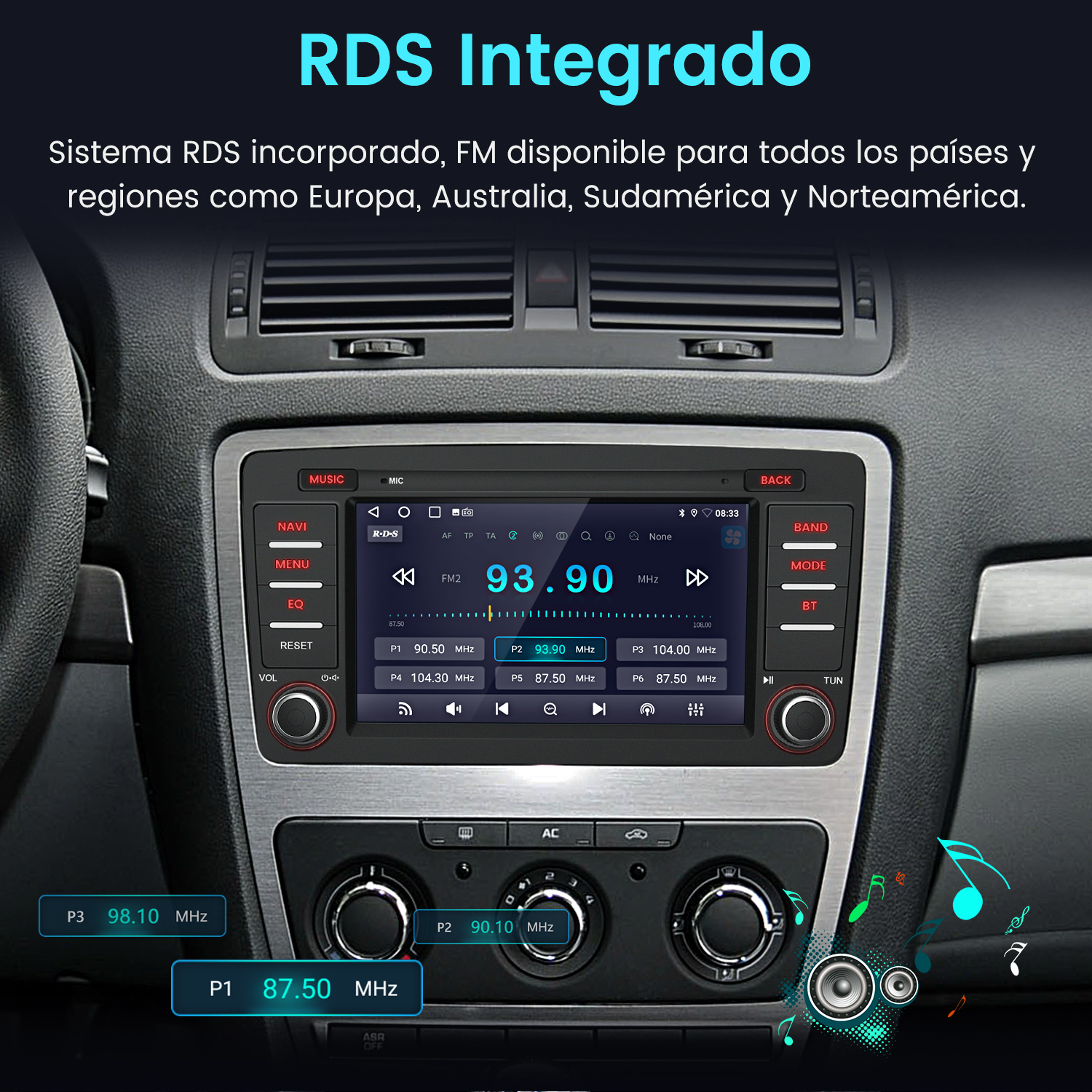 Pantalla de estéreo de coche mostrando información RDS y detalles de la emisora.